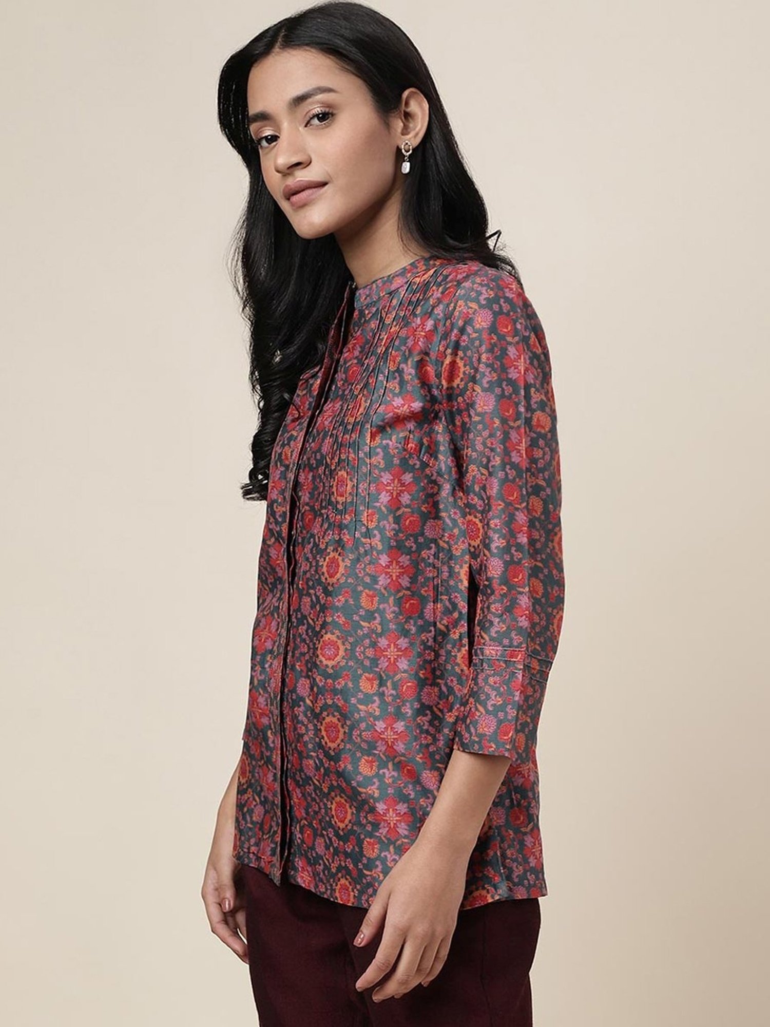 Fabindia Green & Pink Floral Print Tunic