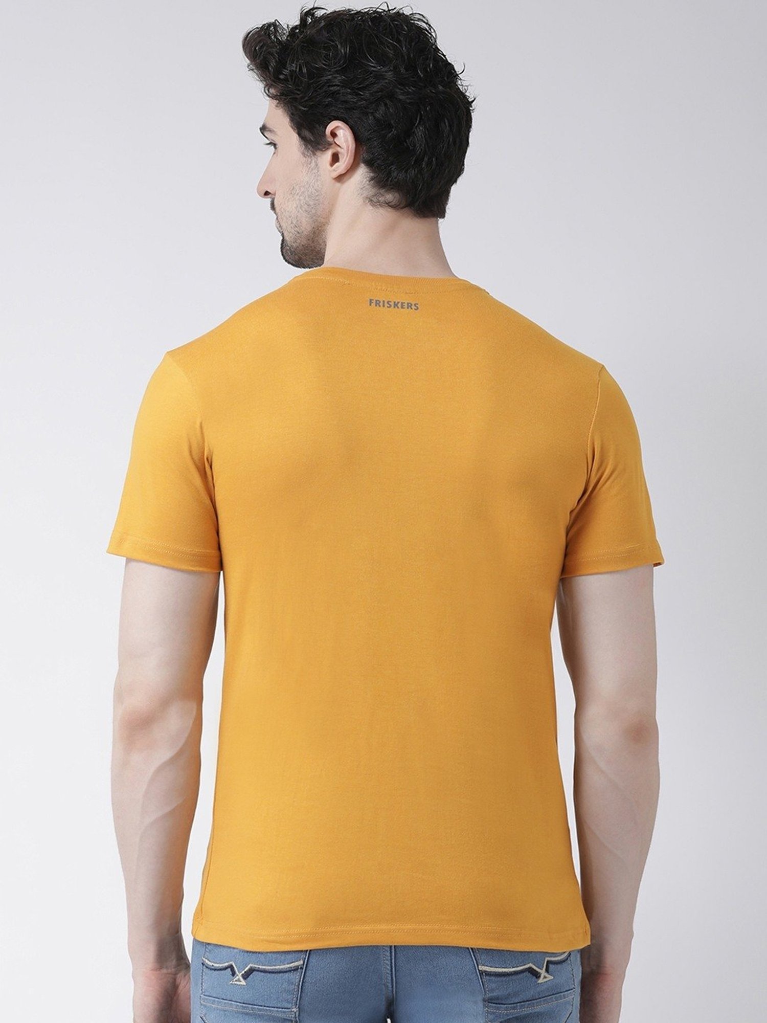 Friskers Mustard Cotton Slim Fit Printed T-Shirt