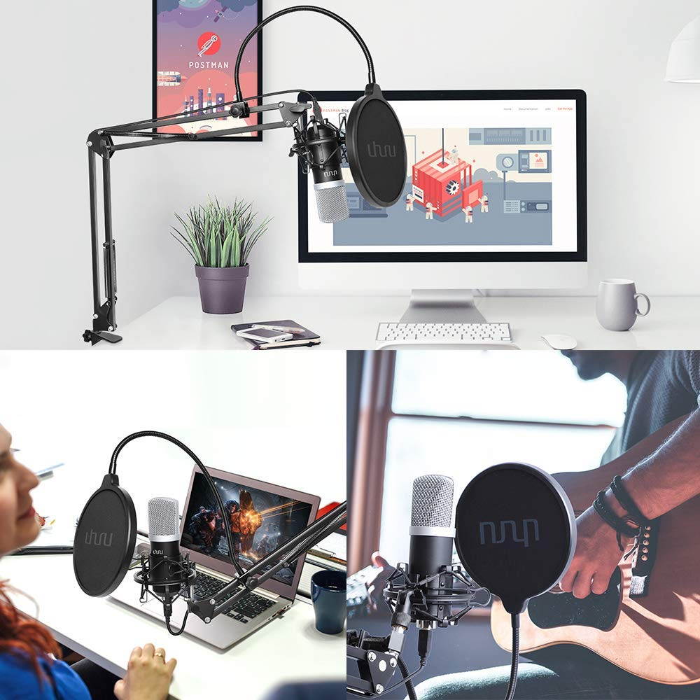 USB Podcast Condenser Microphone 192kHZ/24bit, UHURU Professional PC Streaming Cardioid Microphone Kit with Boom Arm, Shock Mount, Pop Filter and Windscreen, for Broadcasting, Recording, YouTube