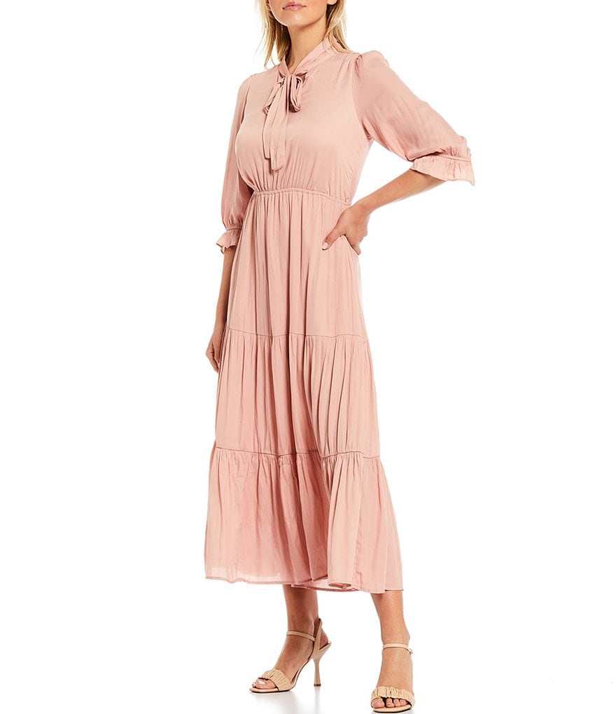 Skies Are Blue Tie V-Neck 3/4 Sleeve Tiered Midi Dress