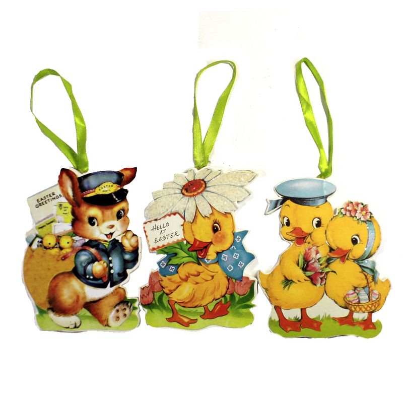 Easter 4.25" Easter Dummy Boards Set / 5 Ornament Vintage Bunny Chick  -  Tree Ornaments
