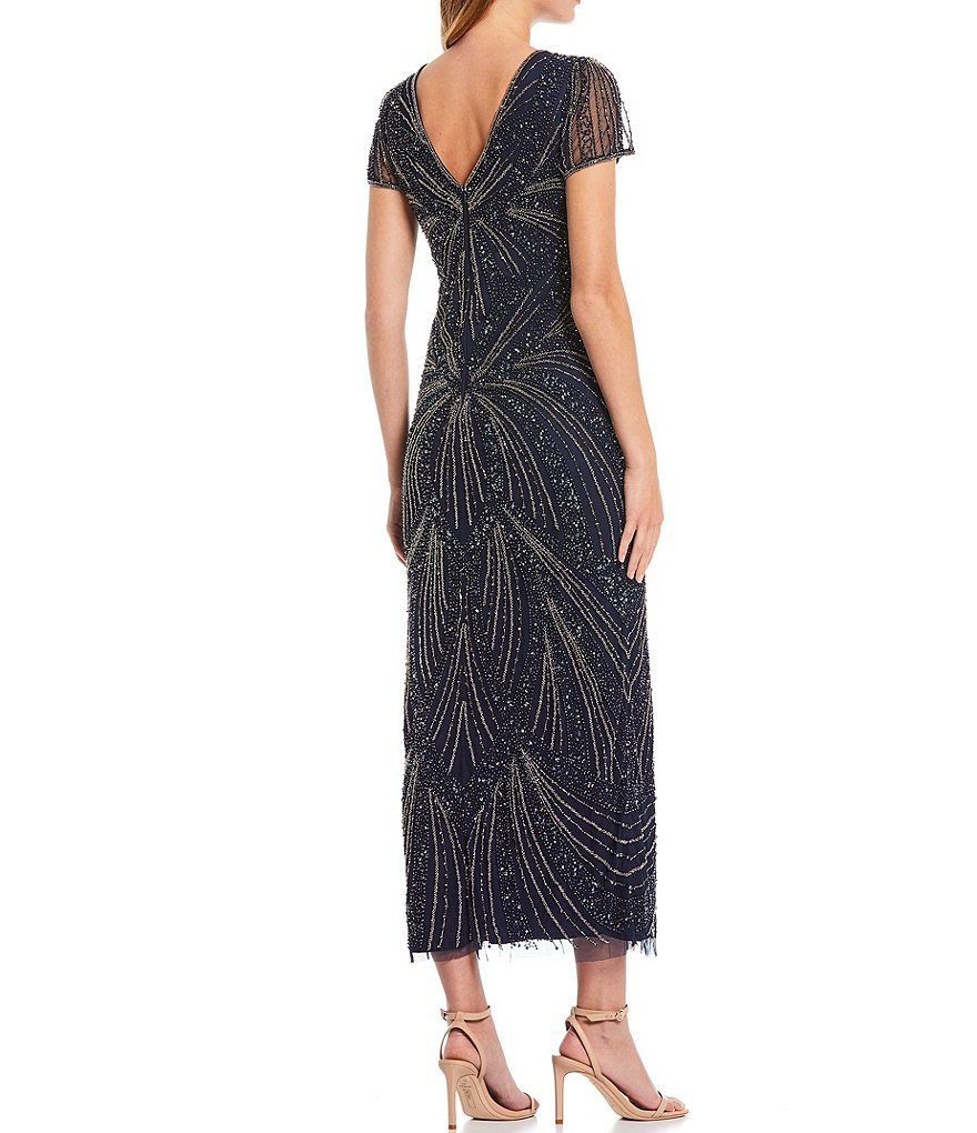 Pisarro Nights Illusion V-Neck Short Sleeve Yoke Beaded Gown