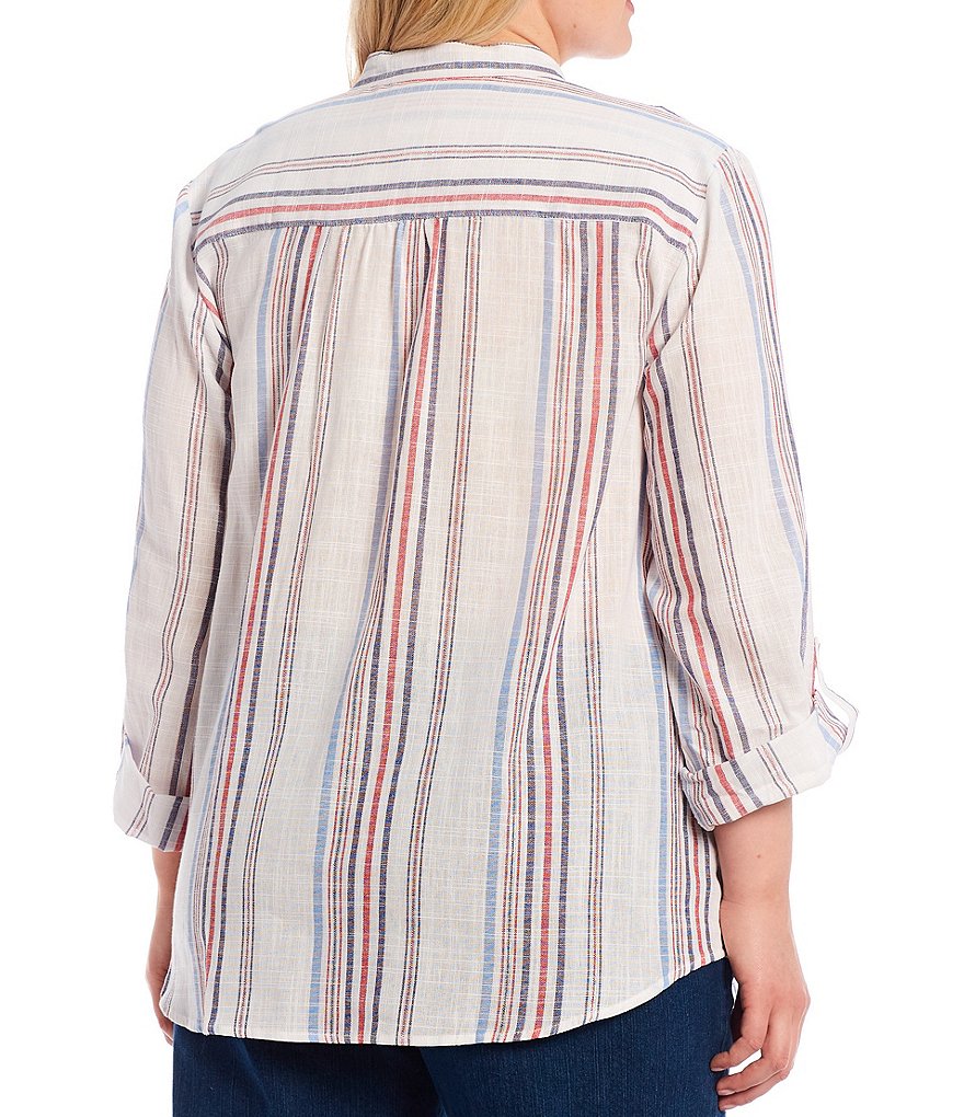 Ruby Rd. Plus Size Americana Stripe Metallic Detail Split Round Neck 3/4 Roll-Tab Sleeve Pintuck Detail Button Down Top