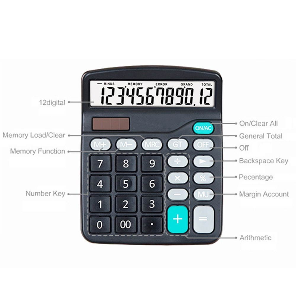 837B Desktop Electronic Calculator Standard Function Basic Counter with 12-Digits Large LCD Display Big Buttons Dual Powers Solar Batterys Powered for Home Office Business School