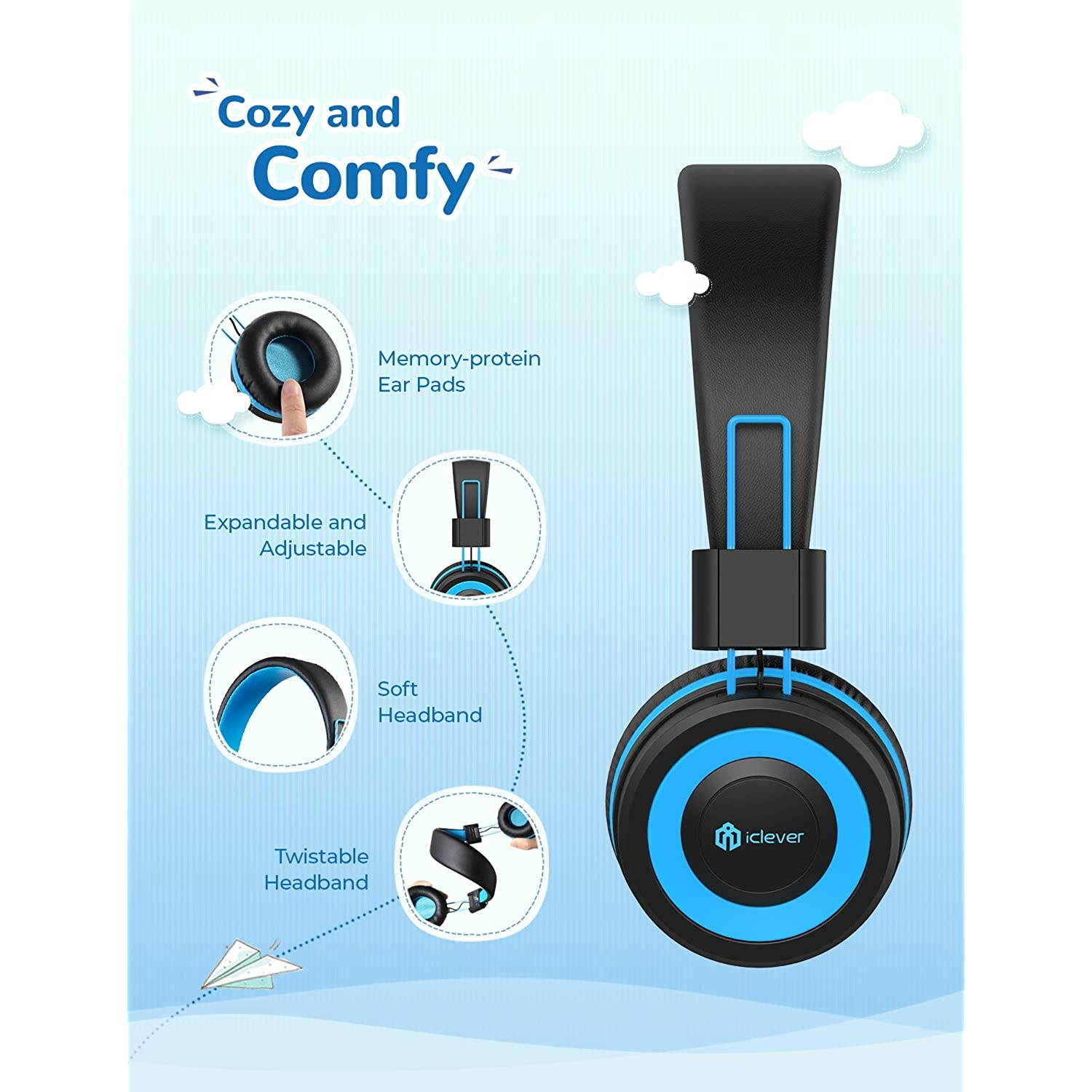 iClever Kids Headphones 2 Pack - Wired Headphones for Kids with MIC, Volume Control Adjustable Headband, Foldable - on Ear Headphones Kids for School iPad Tablet Airplane,Blue/Pink