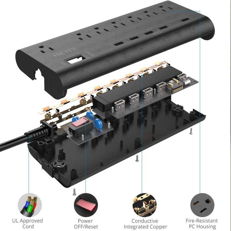 Power Strip Surge Protector with 5 USB Ports (30W/6A) and 7 Outlets (1625W/13A), 2100 Joules, 6ft Heavy Duty Extension Cord, HICITY Wall Mountable Multiplug for Home & Office - Black