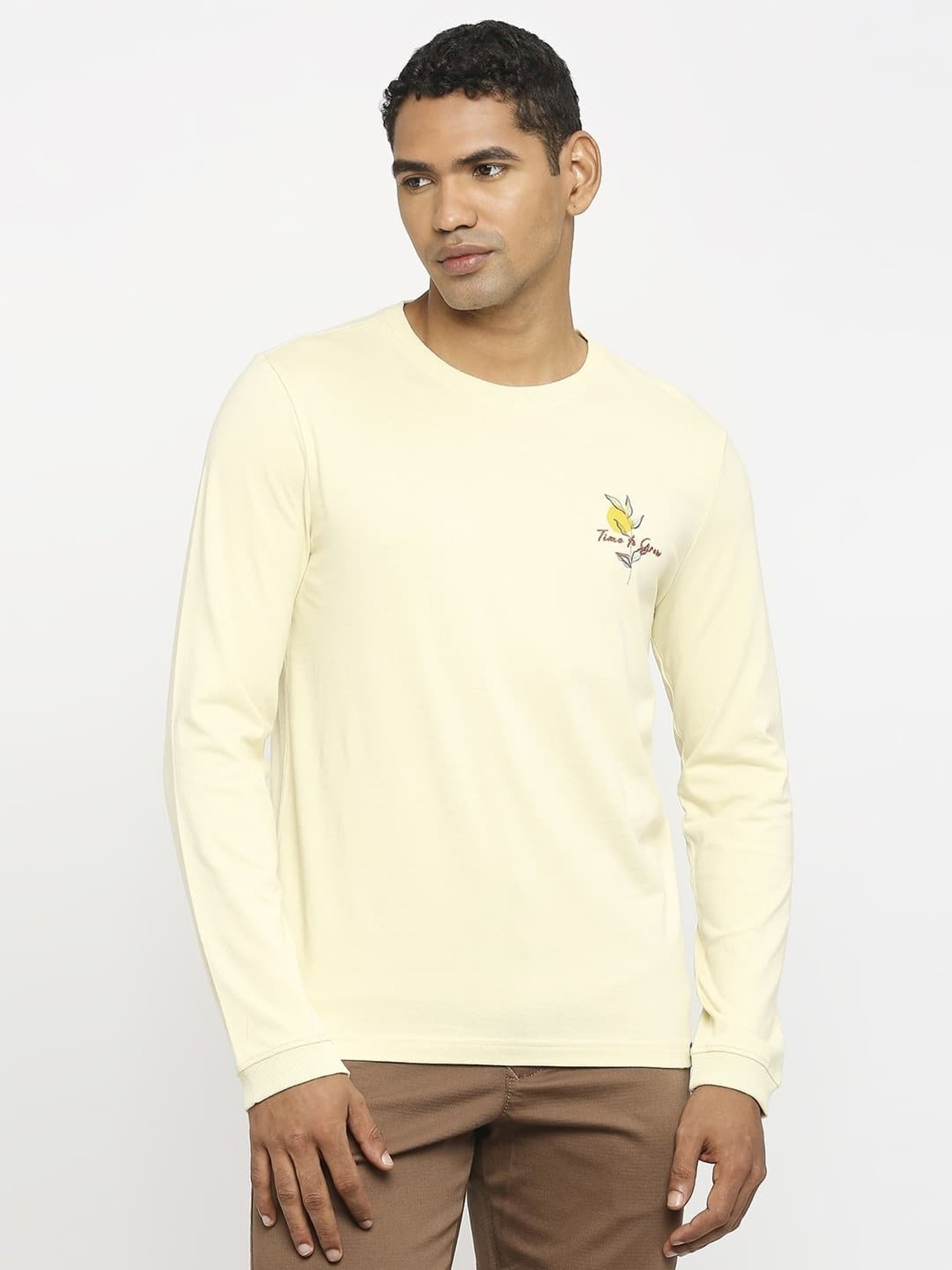 Basics Beige Cotton Muscle Fit Printed T-Shirt