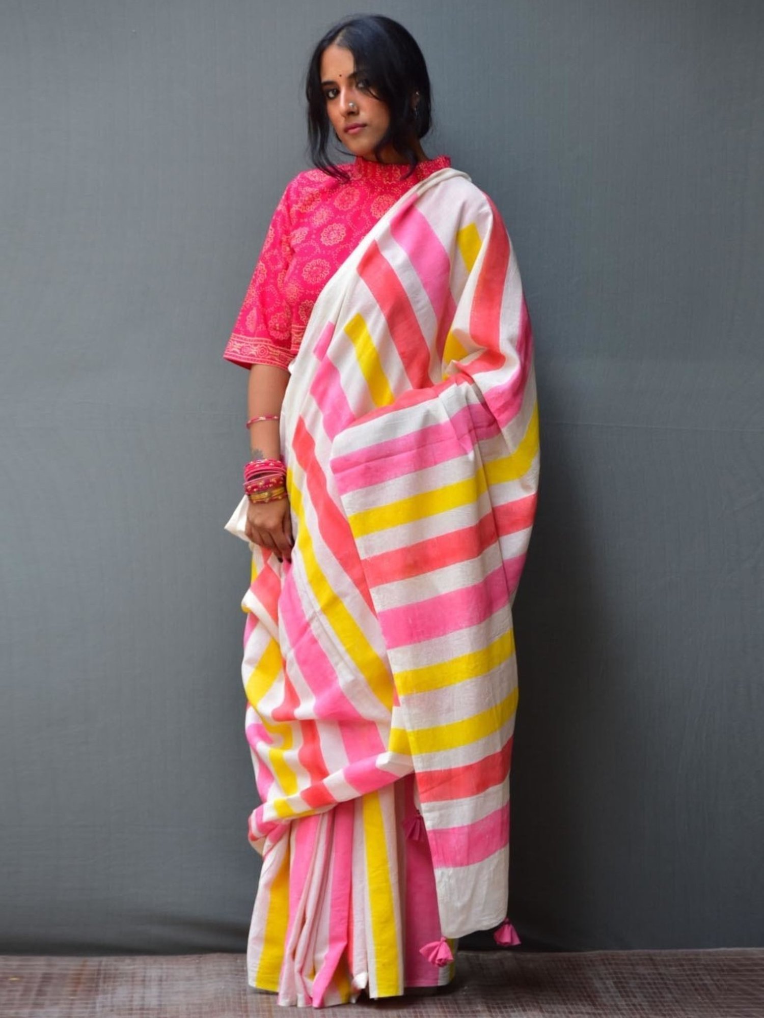 Chidiyaa White Rangeen Sweth Handblock printed Mulmul Cotton Saree