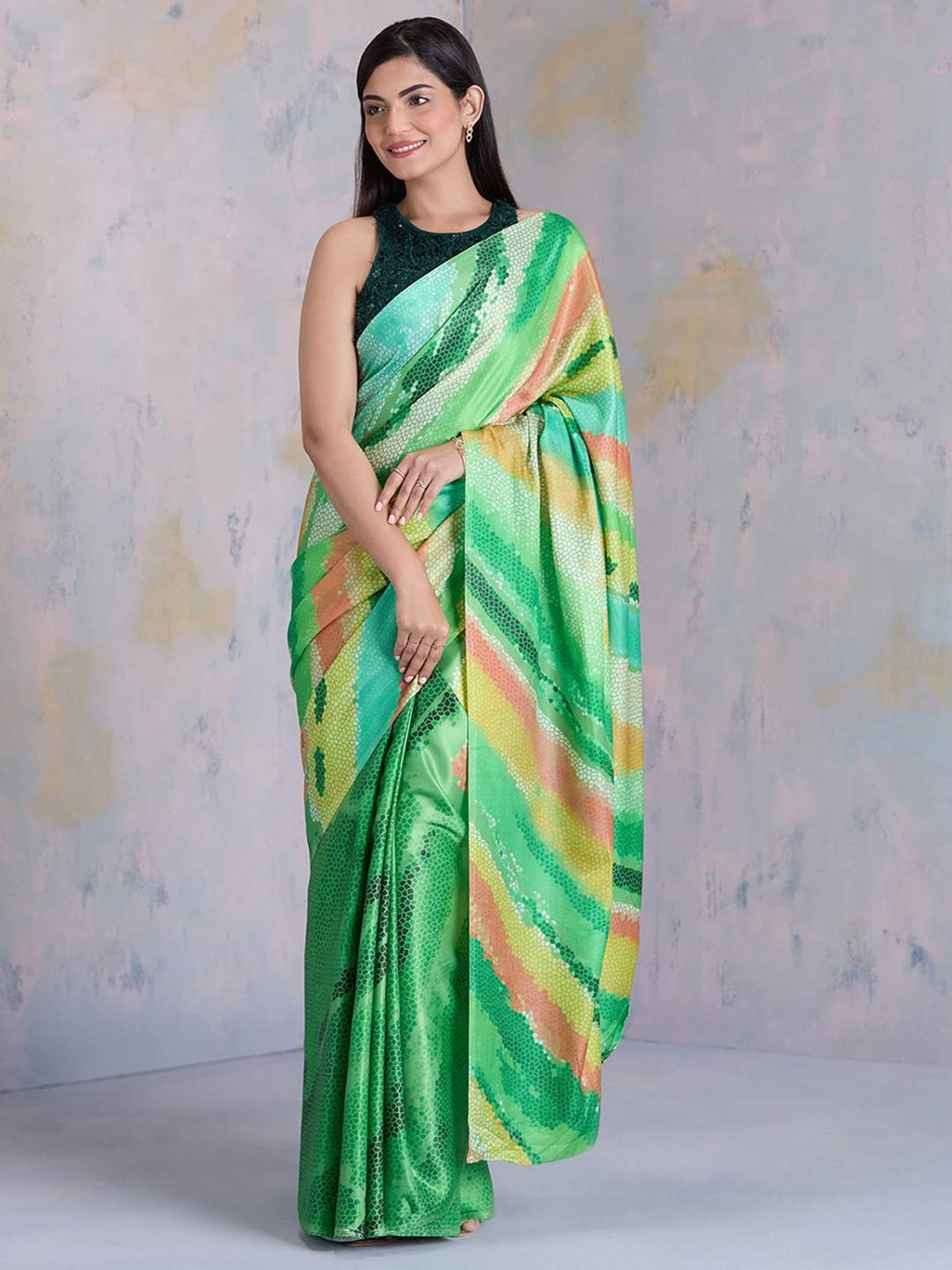navyasa by liva Green Printed Saree With Unstitched Blouse