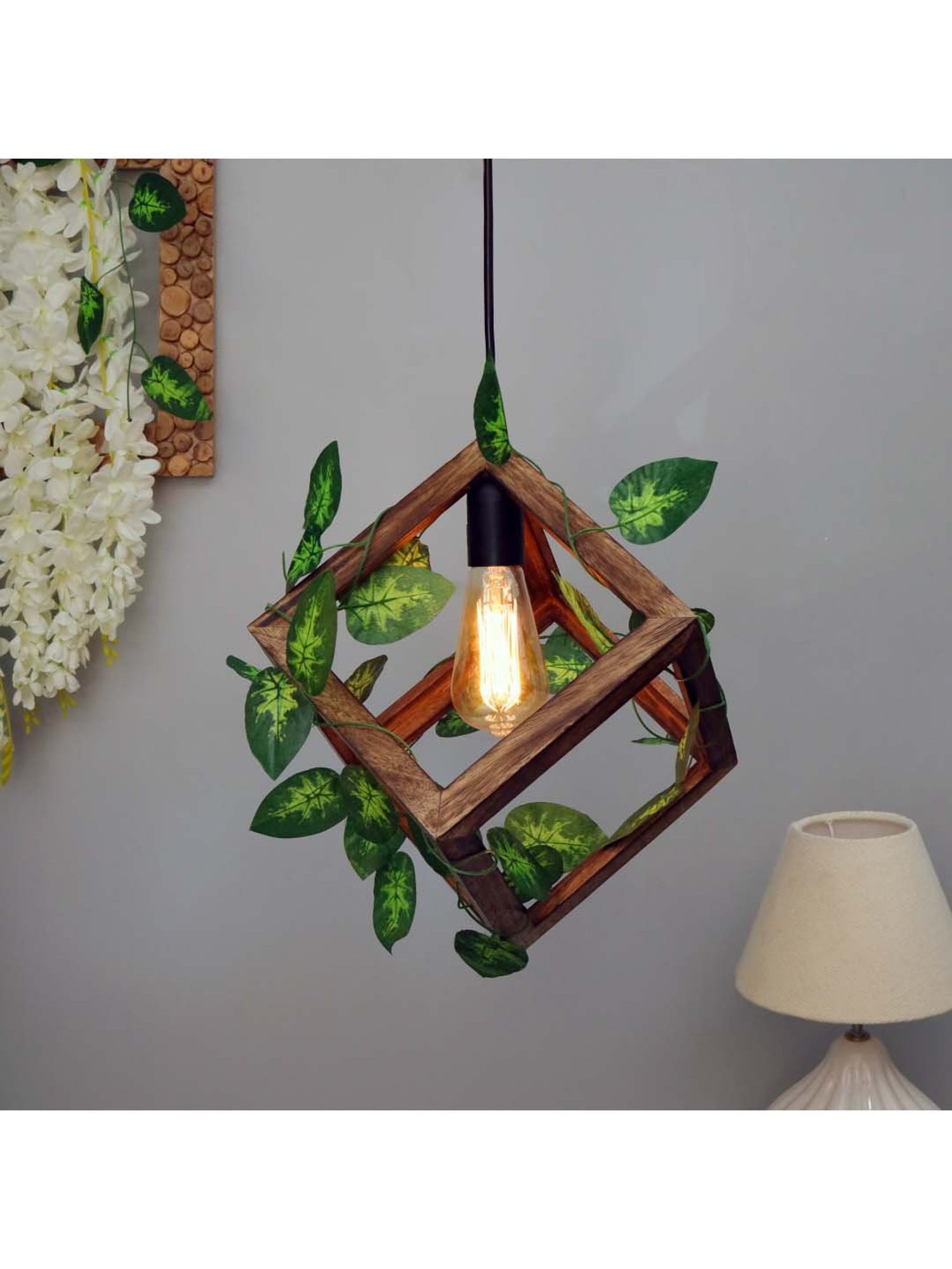 Homesake Beige Wooden Cube Pendant Light - Set of 1