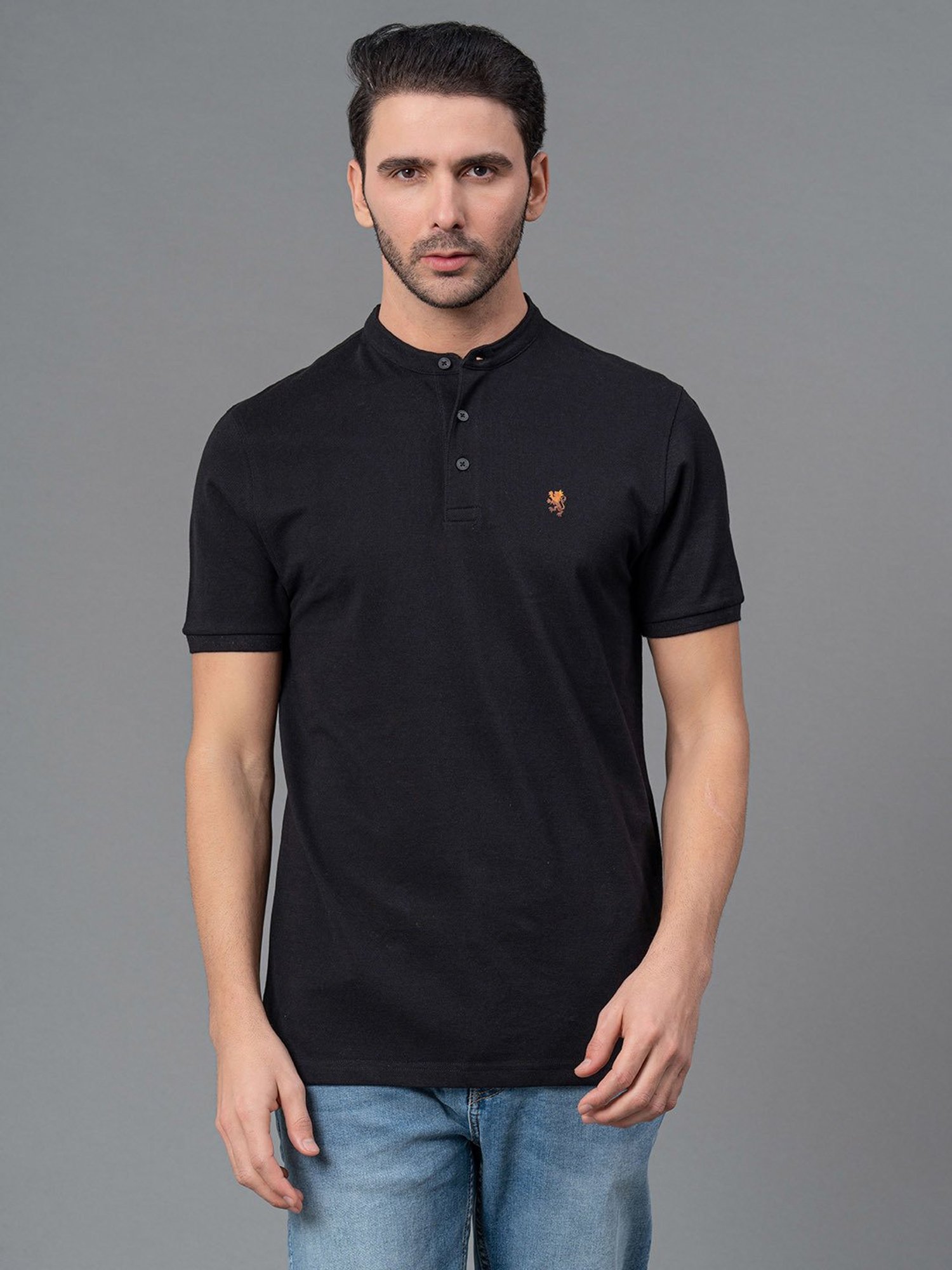 Red Tape Black Regular Fit Cotton Henley T-Shirt