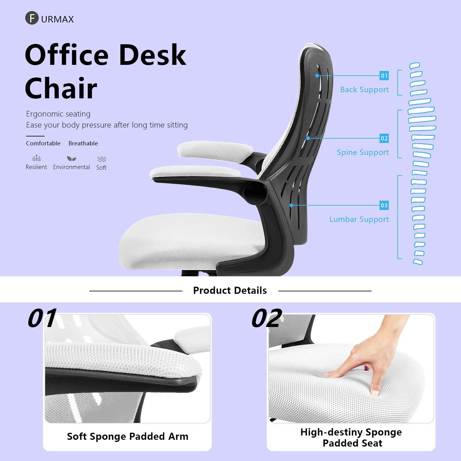 Furmax Office Desk Chair with Flip Up Arms, Mesh Mid Back Computer Chair Swivel Task Chair with Ergonomic Lumbar Support (White)