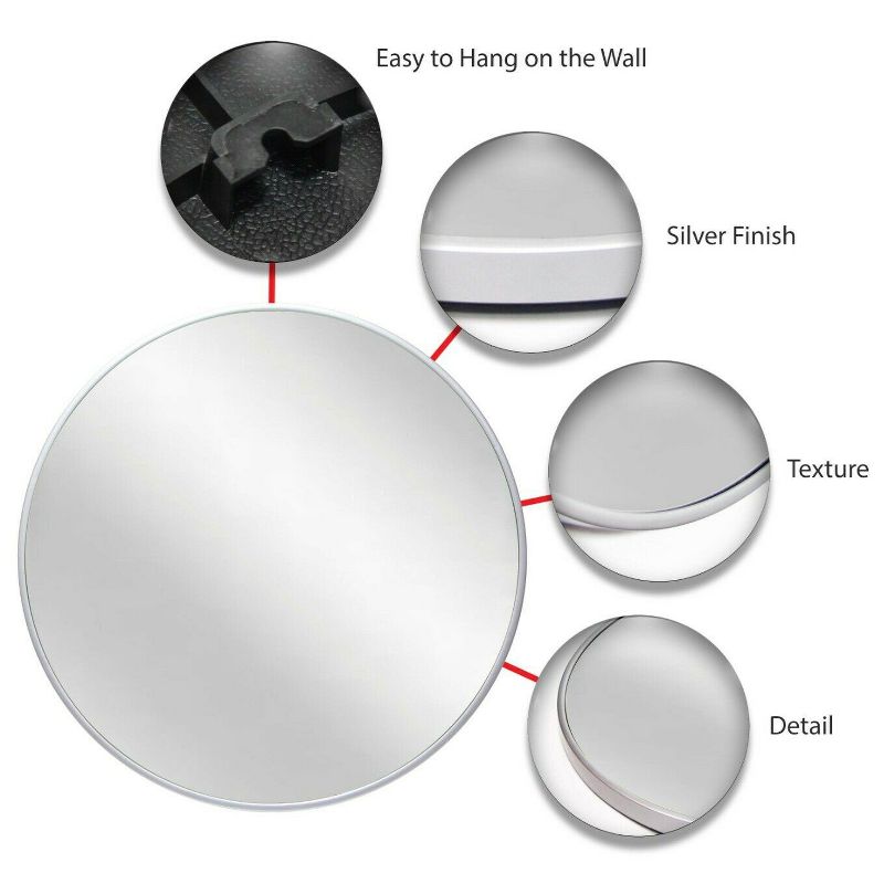 Infinity Instruments 20082SV Plata 21 Inch Round Hanging Wall Mounted Decorative Mirror with Silver Matte Frame