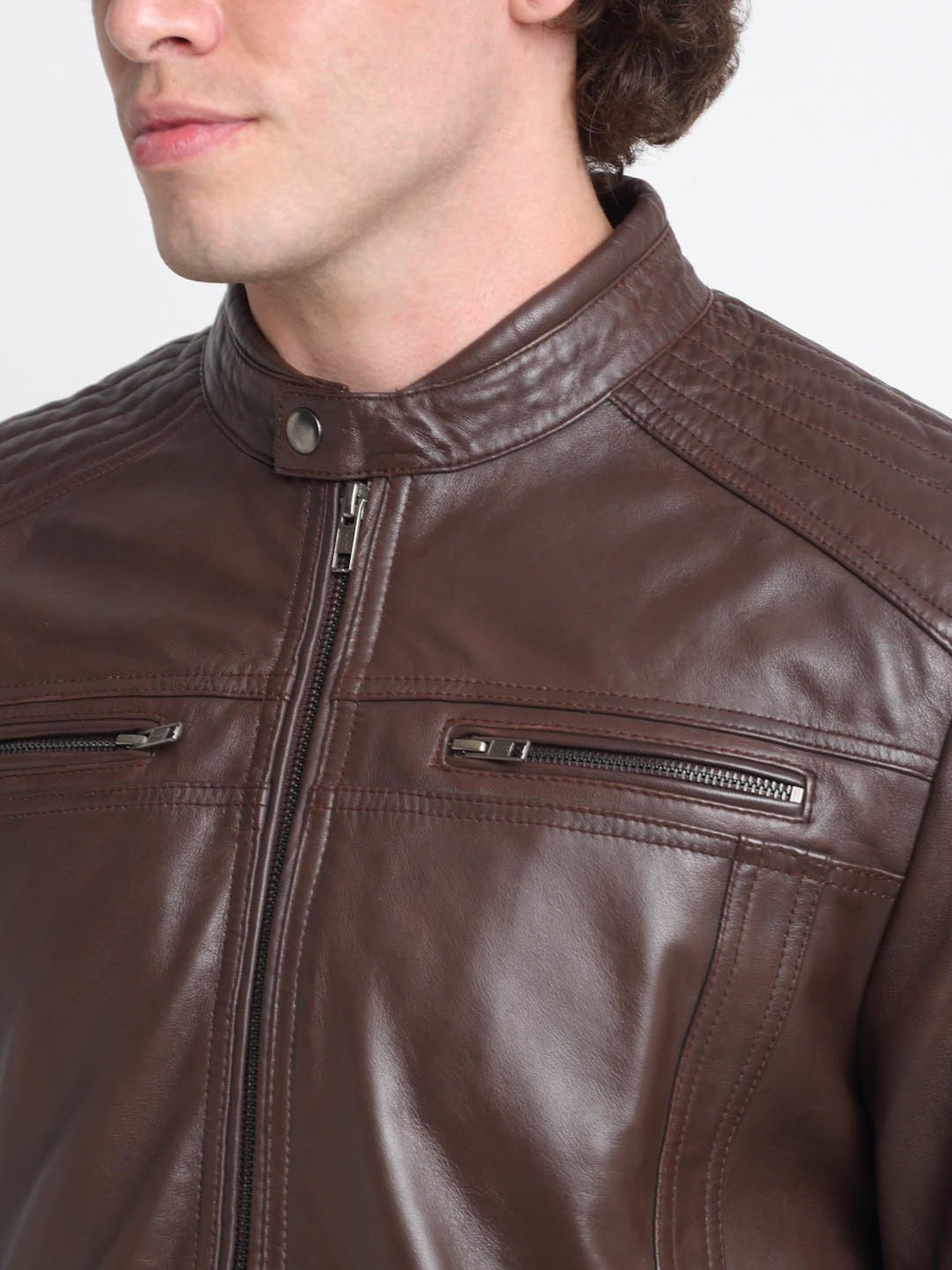 Teakwood Leathers Brown Mandarin Collar Leather Jacket