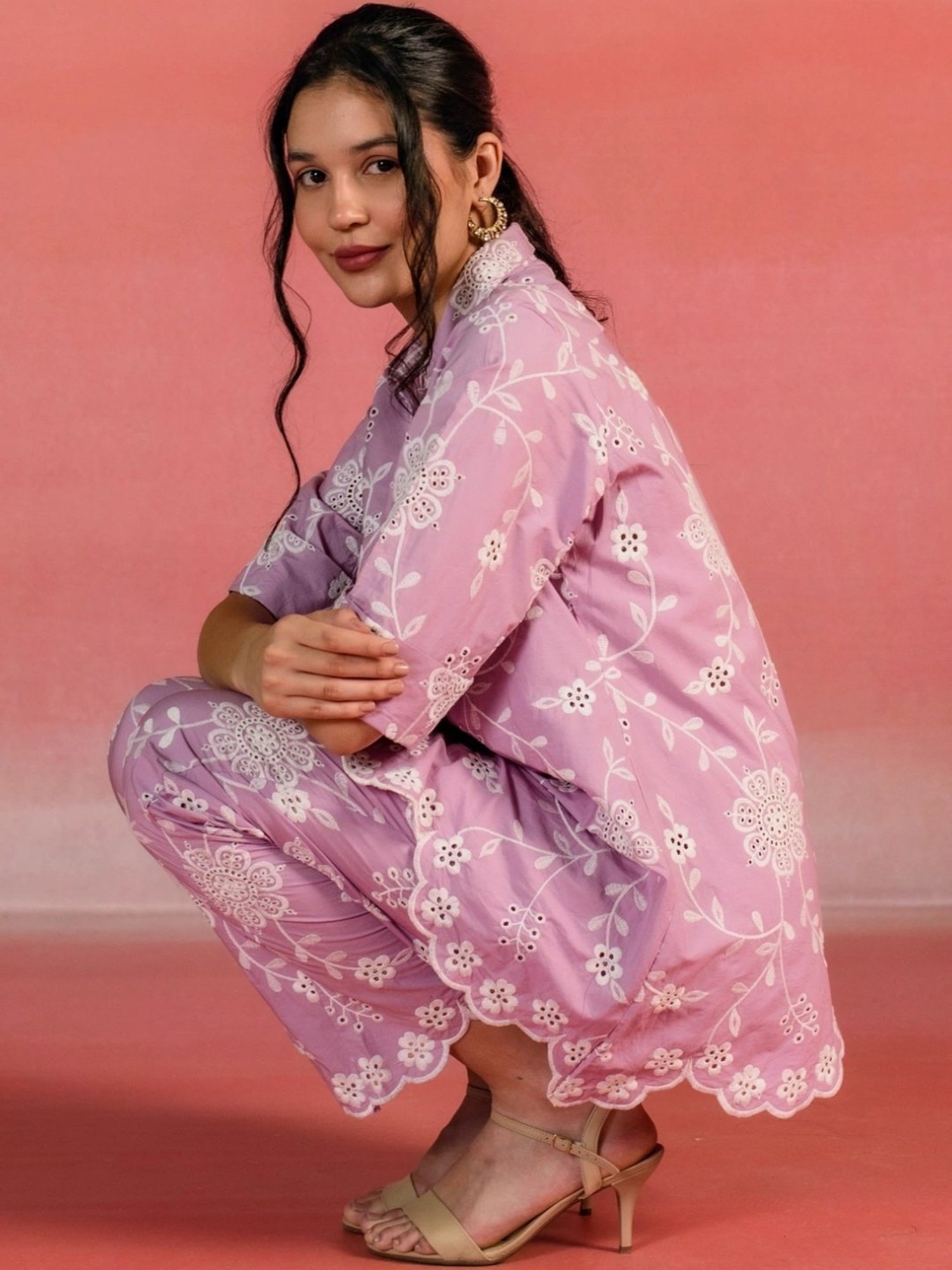 Kameez by Pooja Pink Floral Embroidered Poplin Shirt with Pant Co-ord Set