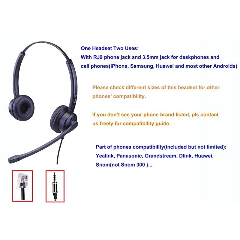 Headset with Noise Canceling Microphone, Including RJ9 & 3.5mm Connectors for Landline Deskphone and Smartphone PC Laptops, Call Center Office Headset for Yealink Grandstream Snom