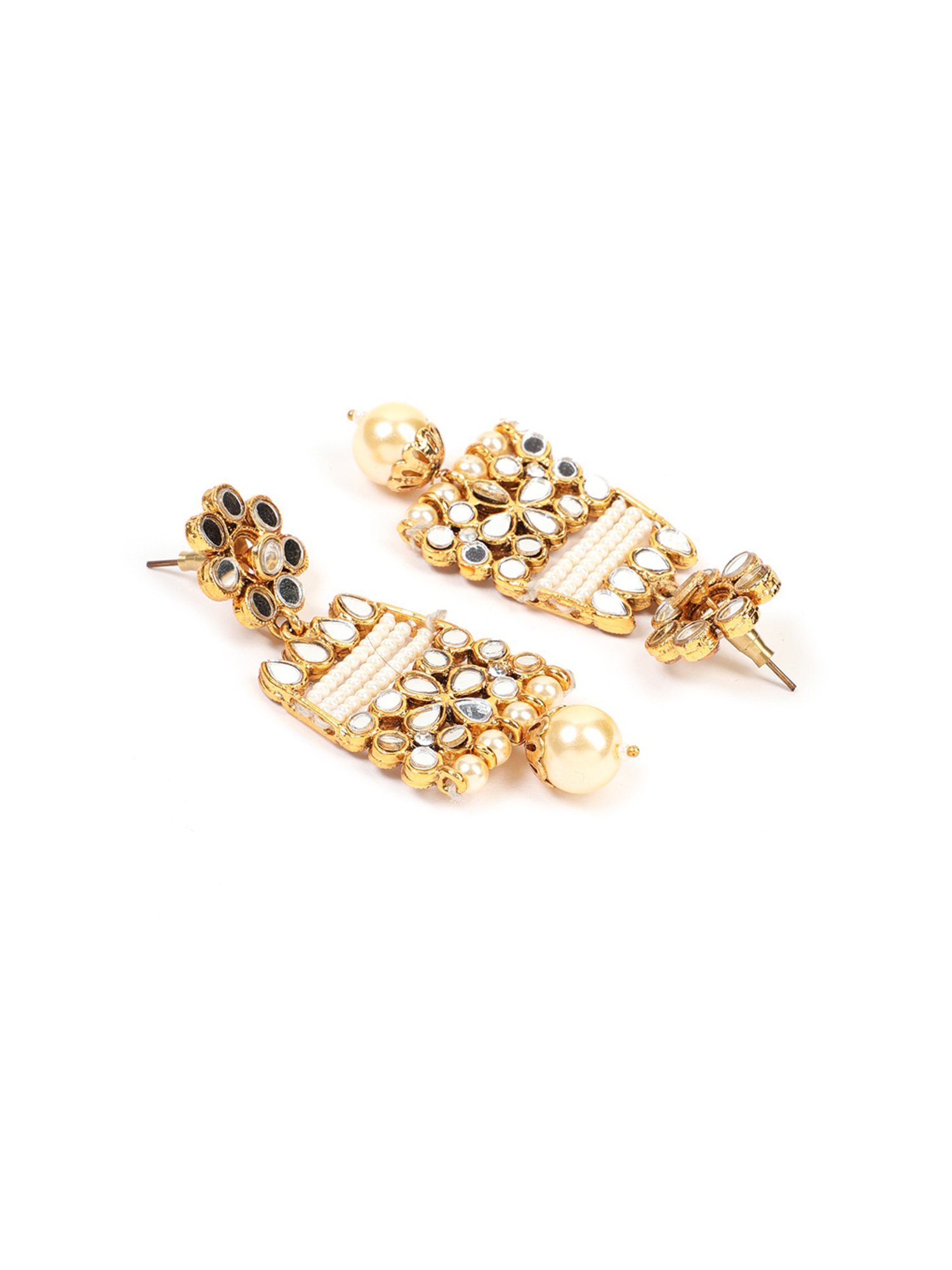 Aatmana Gold-Plated Mirror Studded White Beads Reversible Necklace & Earring Set