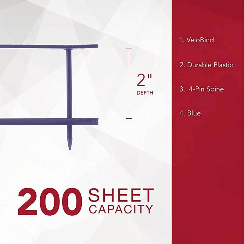 Binding Spines Reclosable 2 Depth 4 Pin Spines 200 Sheet Capacity VeloBind Blue 25 Pack 9741631
