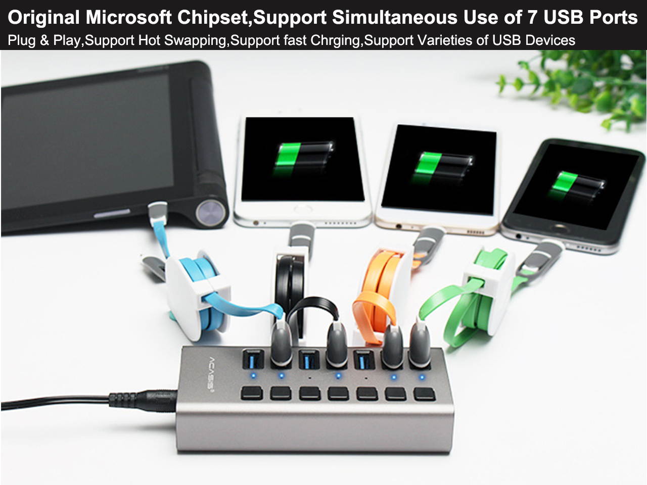 Powered USB Hub, Aluminum 7 Port USB 3.0 Hub  36W USB Splitter with Individual Power On/Off Switches and 12V 3A Power Adapter Support Charing for Laptop, PC, Computer, Mobile HDD, Flash Drive and More