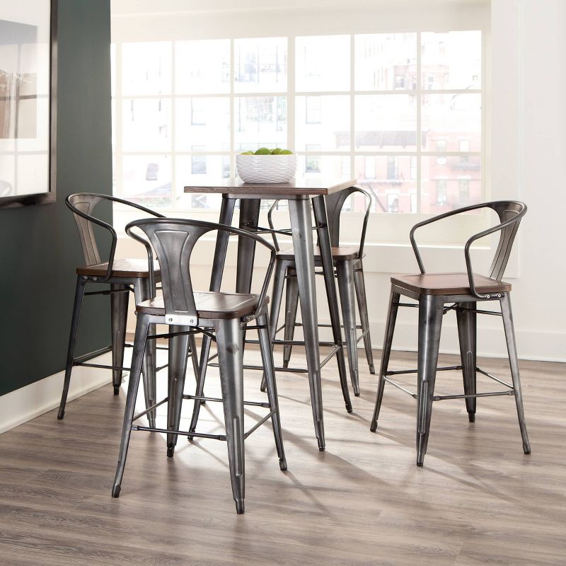 Set of 4 26" Industrial Modern Mid Back Galvanized Steel Counter Height Barstool with Arms and Solid Ash Wood Seats Gunmetal/Walnut - OFM