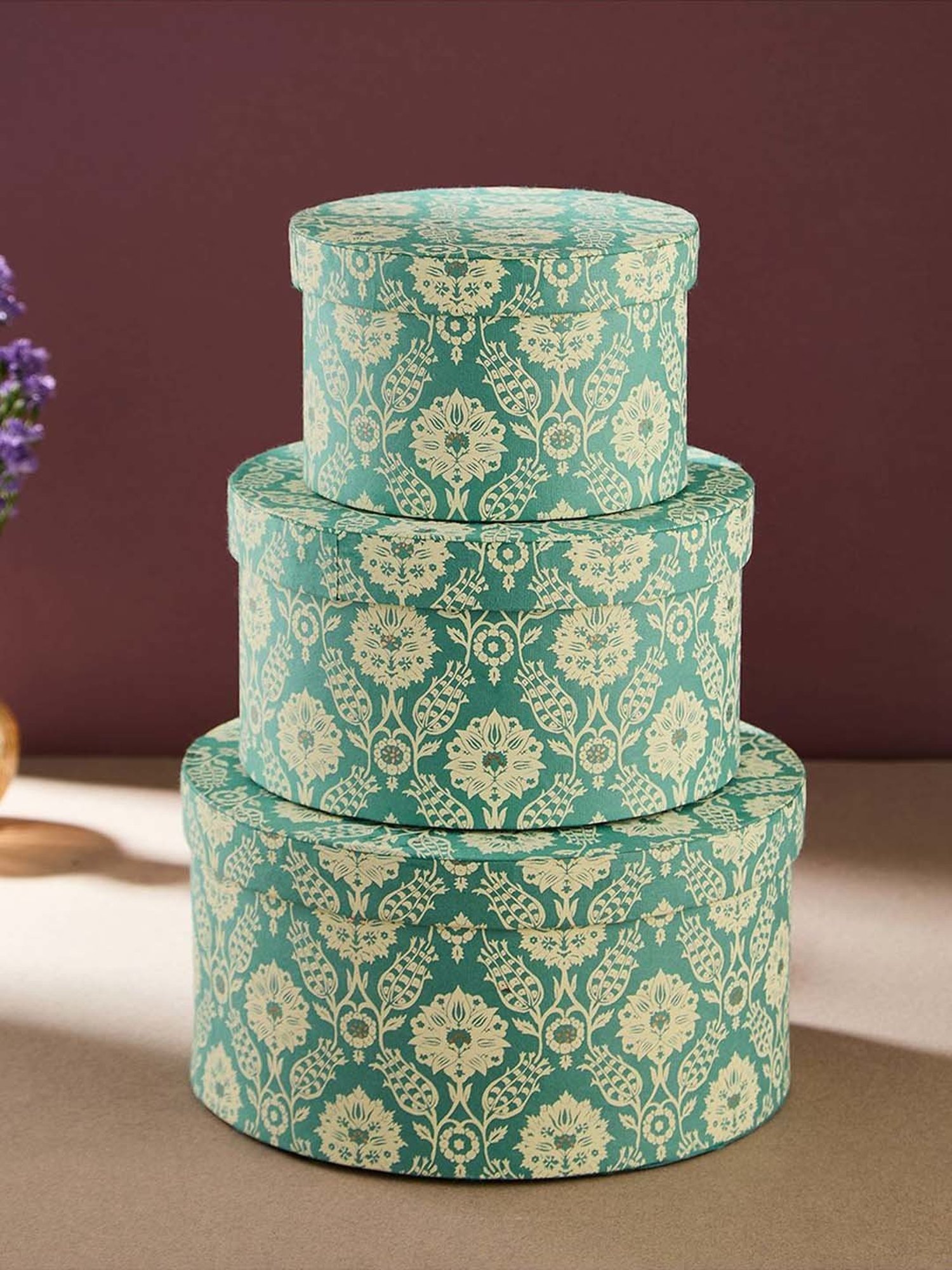 Fabindia Home Teal Paper Printed Sarkhaab Gift Box - Set of 3