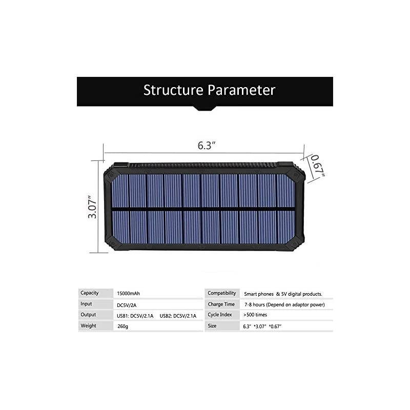 Solar Charger,  15000mAh Portable Solar Power Bank with Dual USB Output Ports, Solar Phone Charger External Battery Pack with 6 LED Flashlight Light for iPhone, iPad, Android and More (Black)