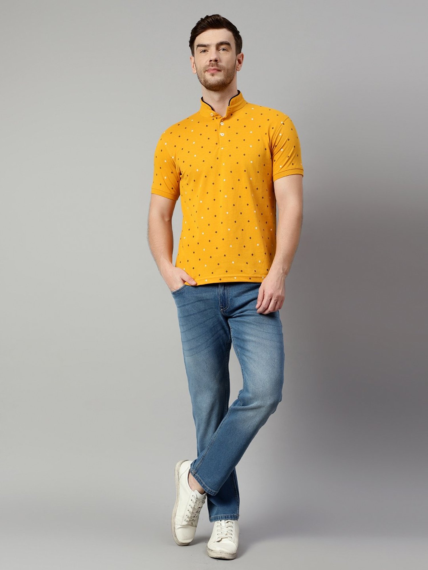 Cantabil Mustard Regular Fit Printed T-Shirt