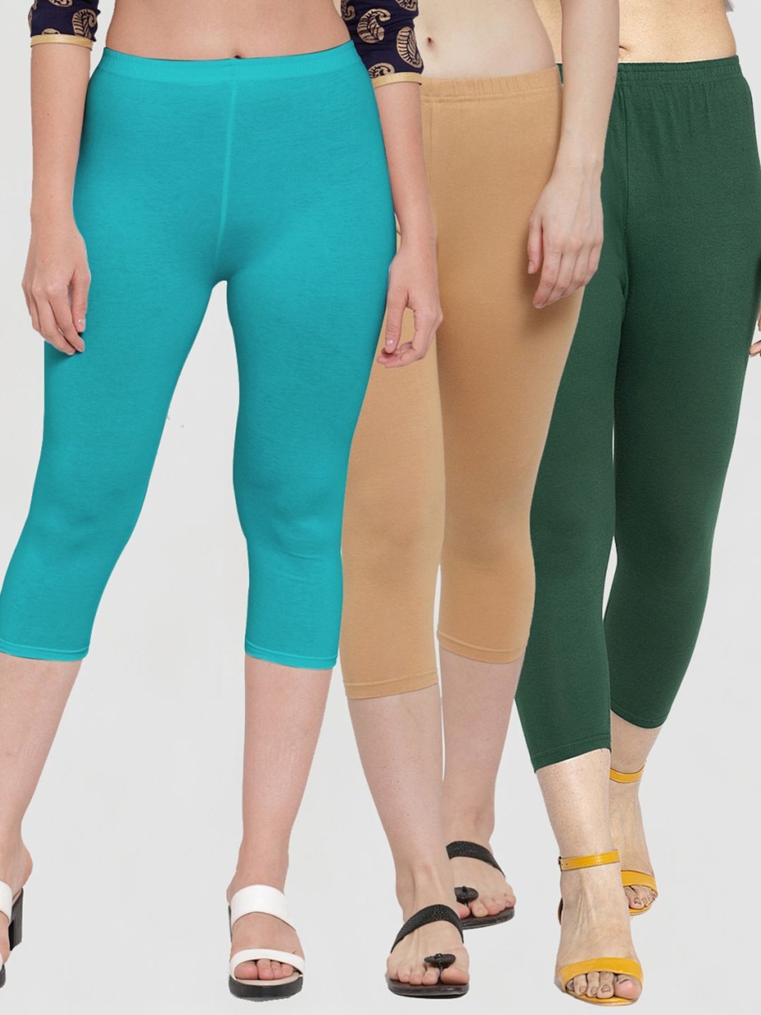 Gracit Blue & Beige Mid Rise Capris - Pack Of 3