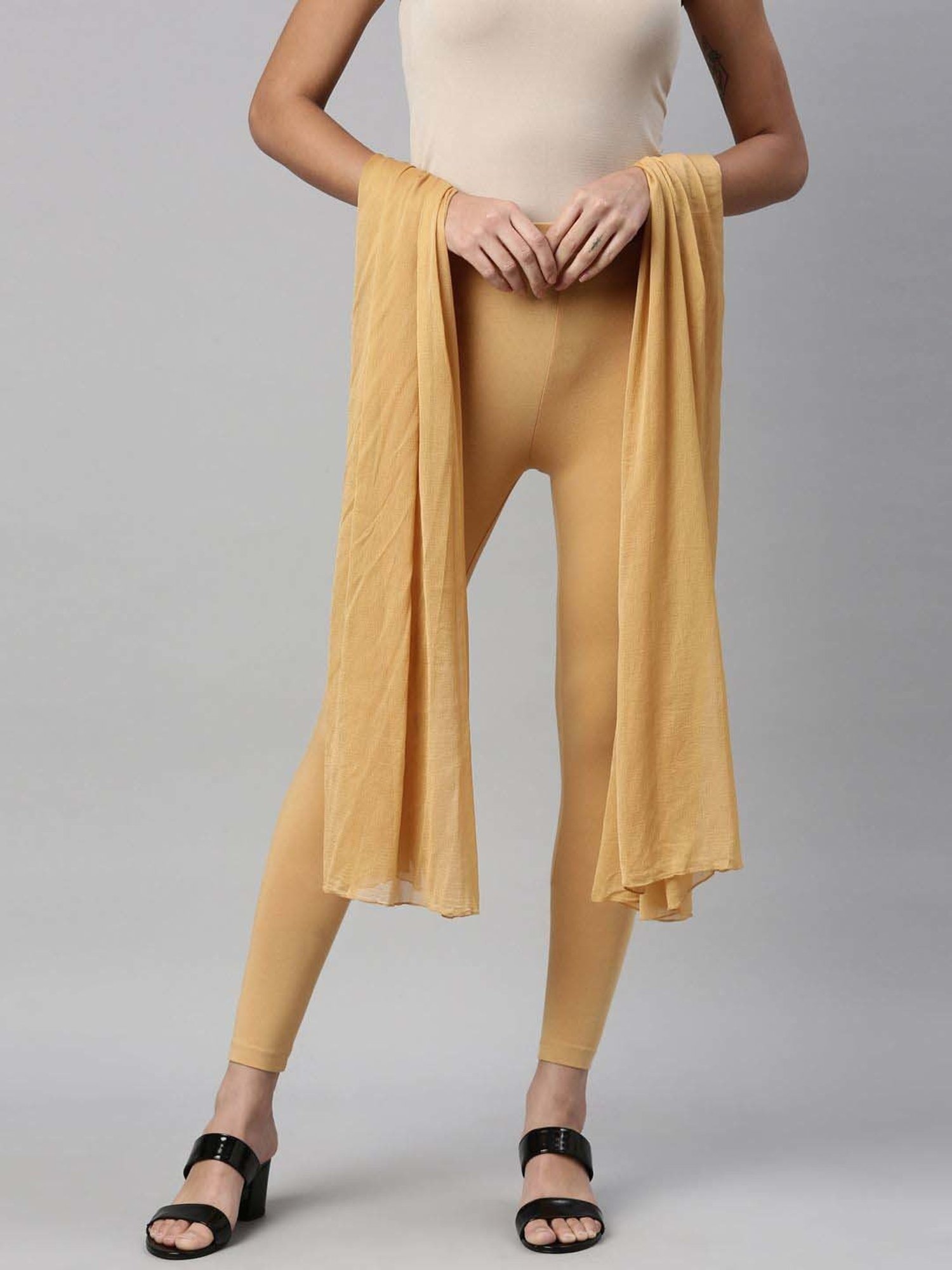 TWIN BIRDS Beige Cotton Ankle Length Leggings With Dupatta