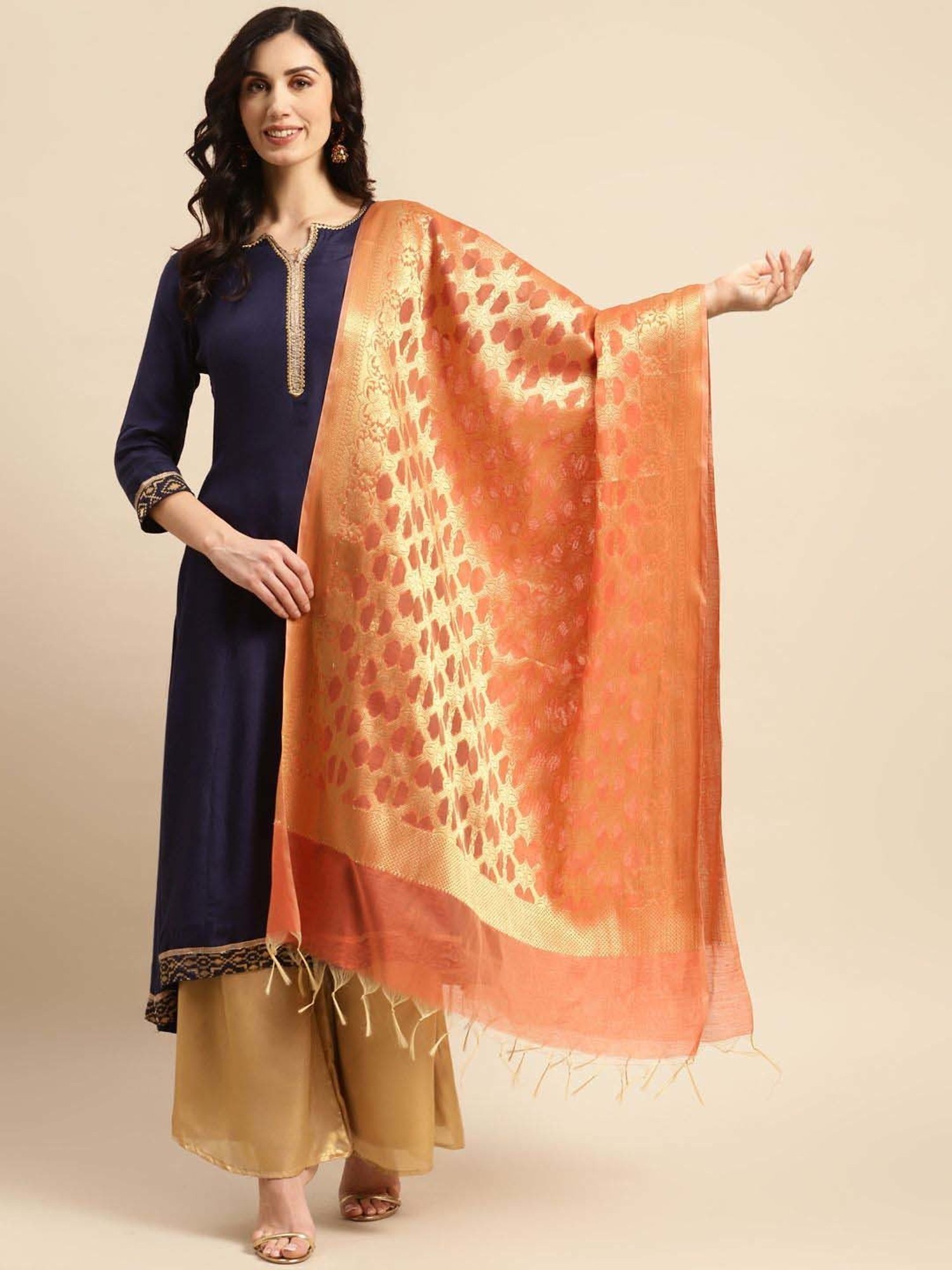 Banarasi Style Peach Cotton Woven Pattern Dupatta