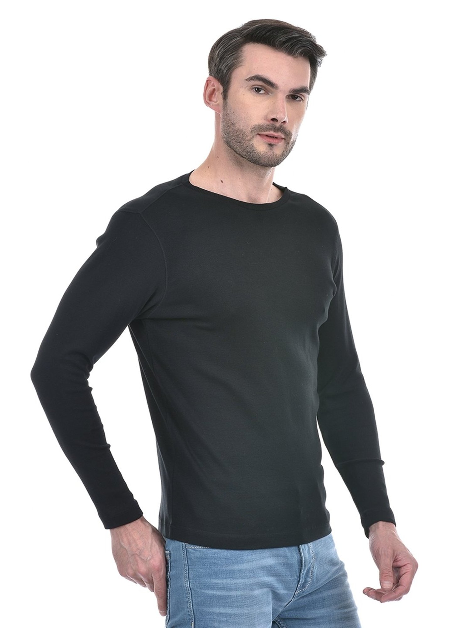 NUMERO UNO Black Slim Fit Solid Round Neck Brushed Fleece T-Shirt