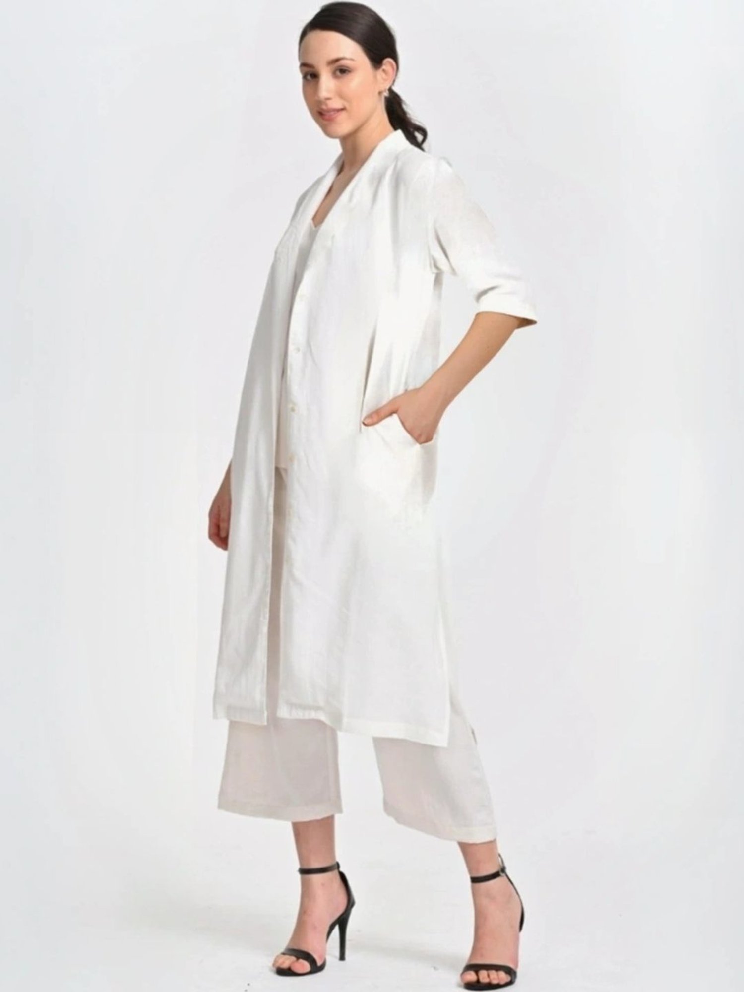 Saltpetre Cream 3 Piece Overlay Long Shirt With Top And Trousers Co-ords Set