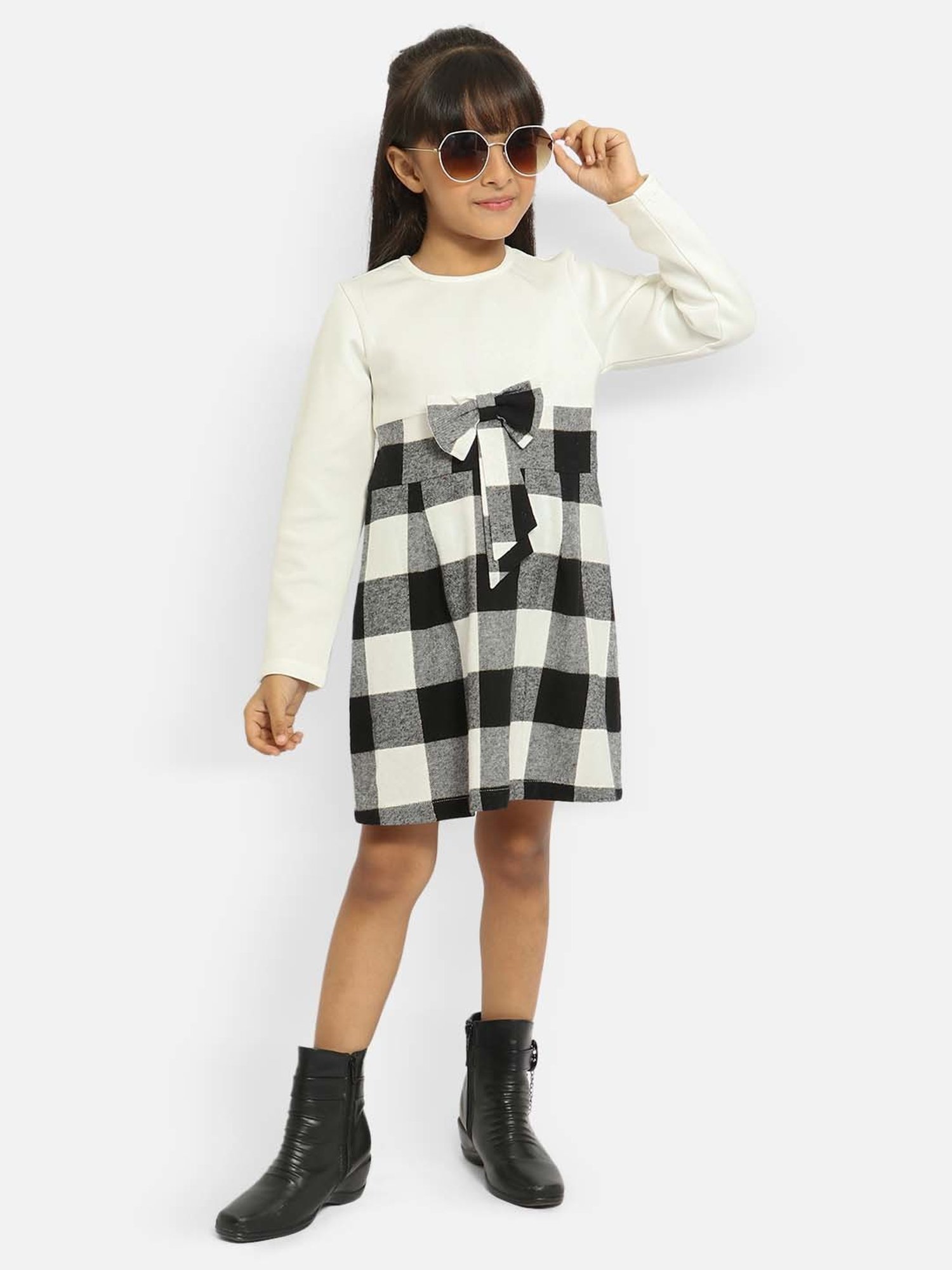 Nauti Nati Kids White & Black Checks Full Sleeves Dress