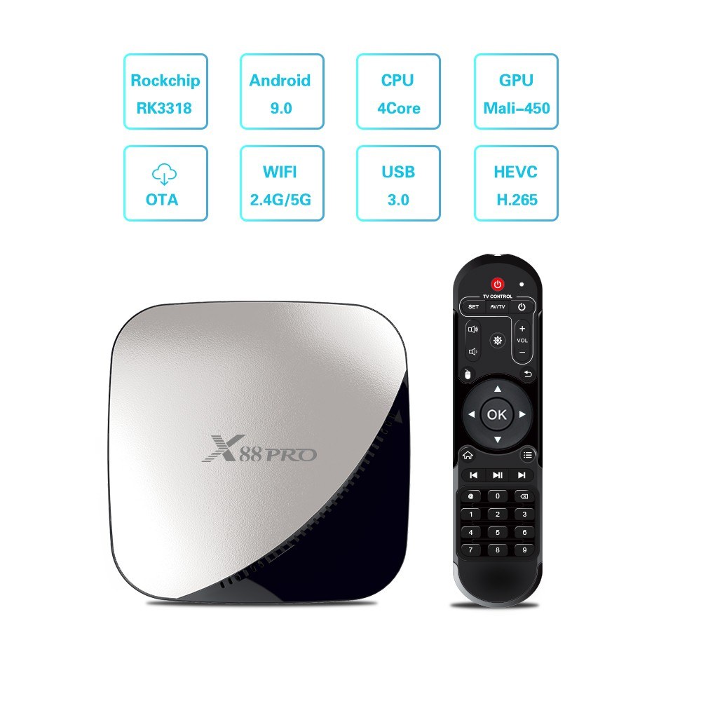 X88 PRO Smart Android 9.0 TV Box Rockchip RK3318 Quad Core 64 Bit UHD 4K VP9 H.265 2GB / 16GB 2.4G / 5G WiFi HD Media Player Remote Control