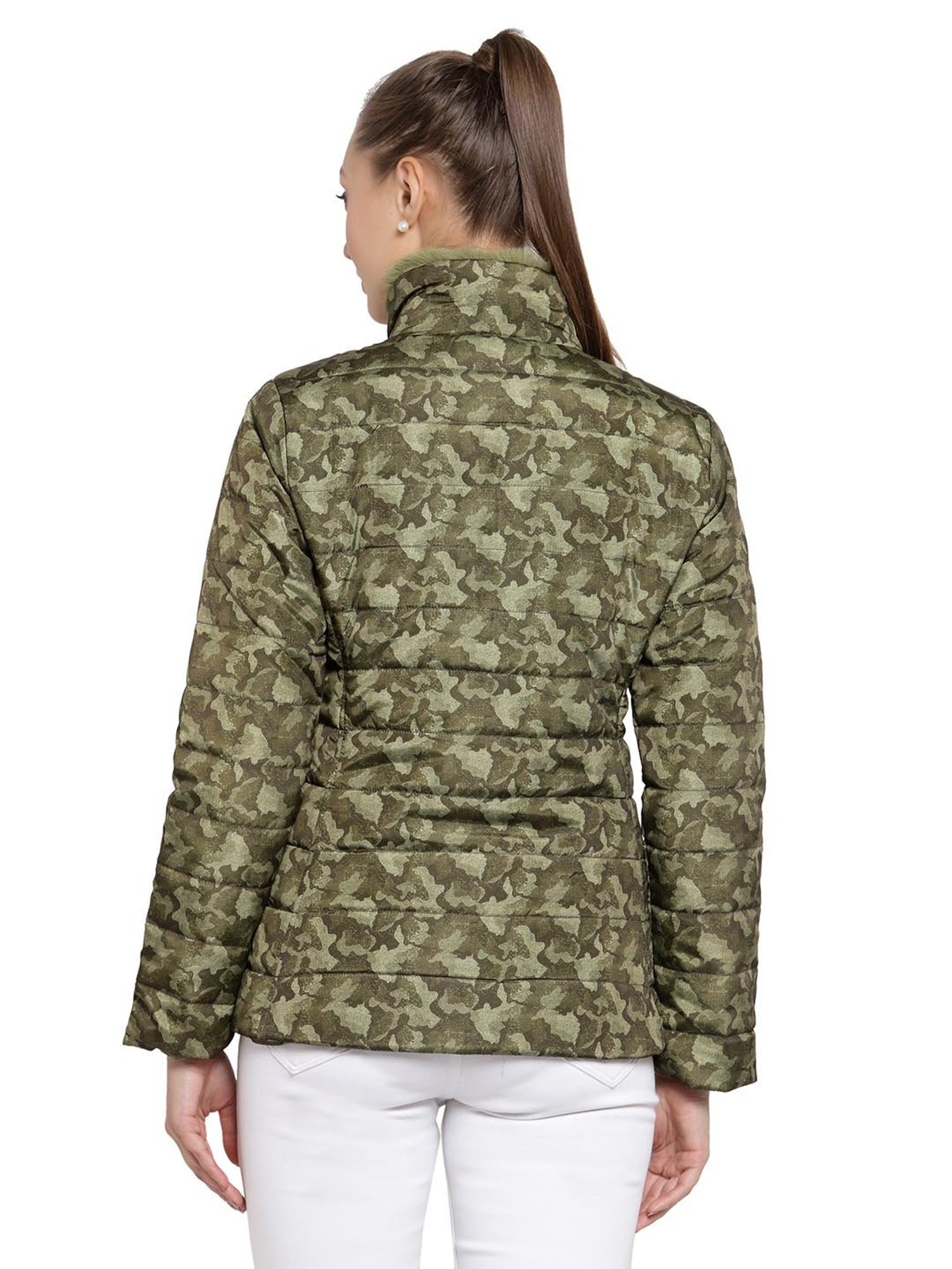 Juelle Olive Printed Full Sleeves Puffer Jacket