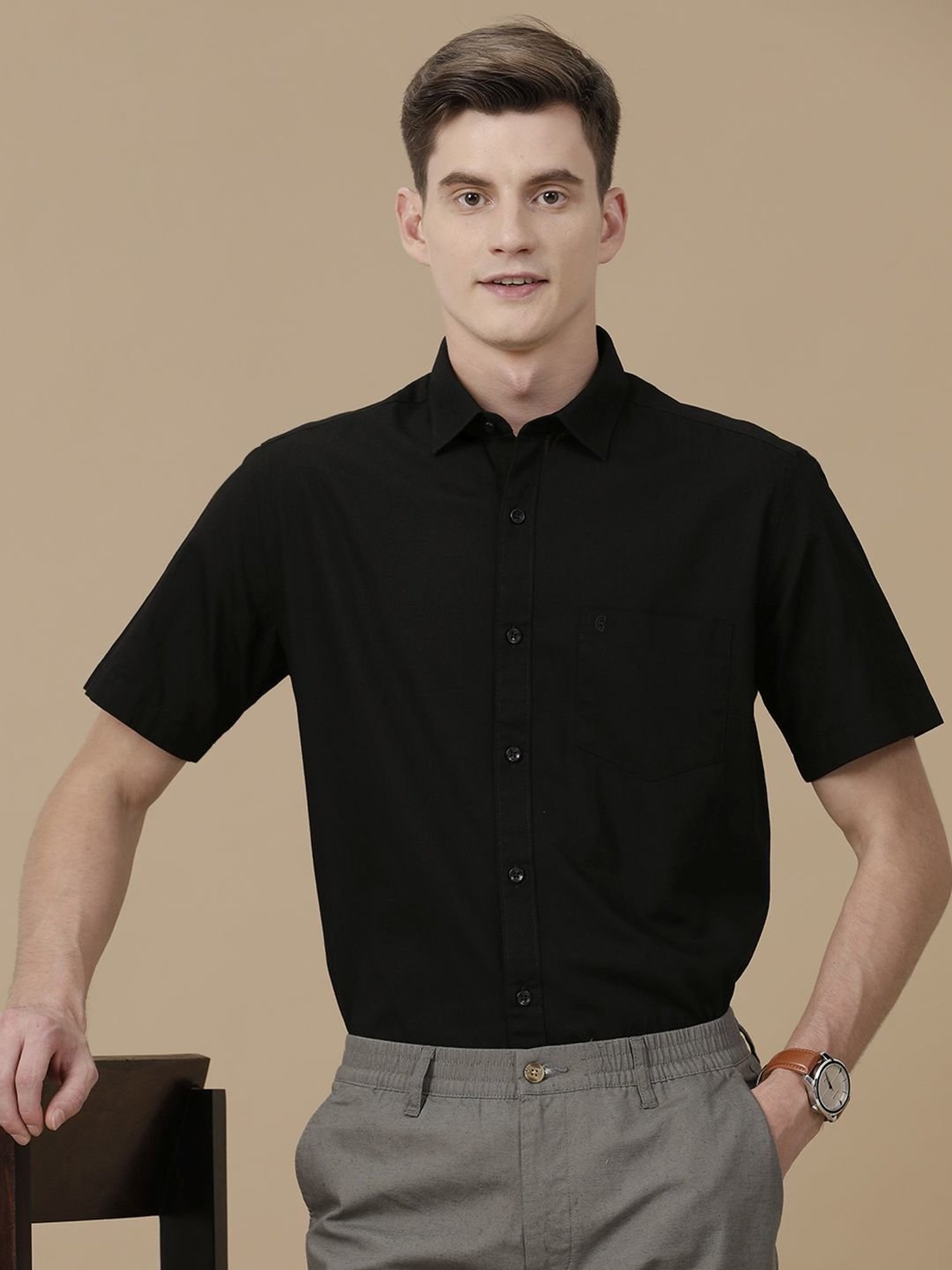Cavallo By Linen Club Black Linen Contemporary Fit Shirt
