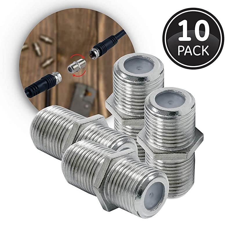 Coaxial Cable Extension Adapter Couplers, 10-Pack, Works on F-Type RG59 RG6 Coax Cables, Connects Two Coaxial Cables to Extend Length, Female-to-Female Connectors, with Resealable Bag, 51244