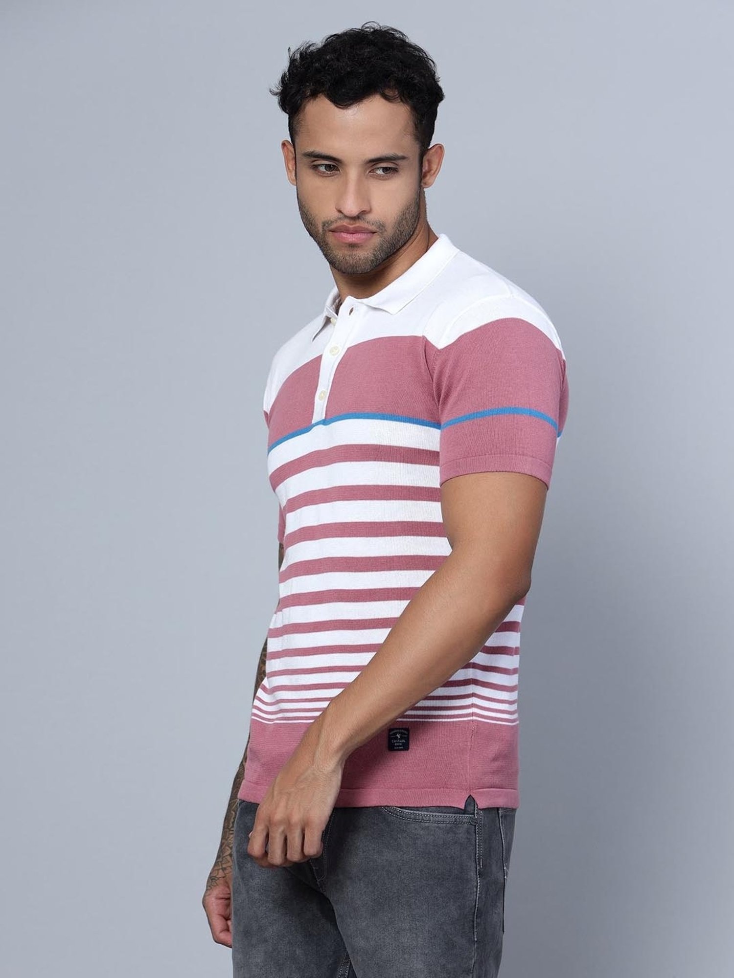 Cantabil White Cotton Regular Fit Striped Polo T-Shirt