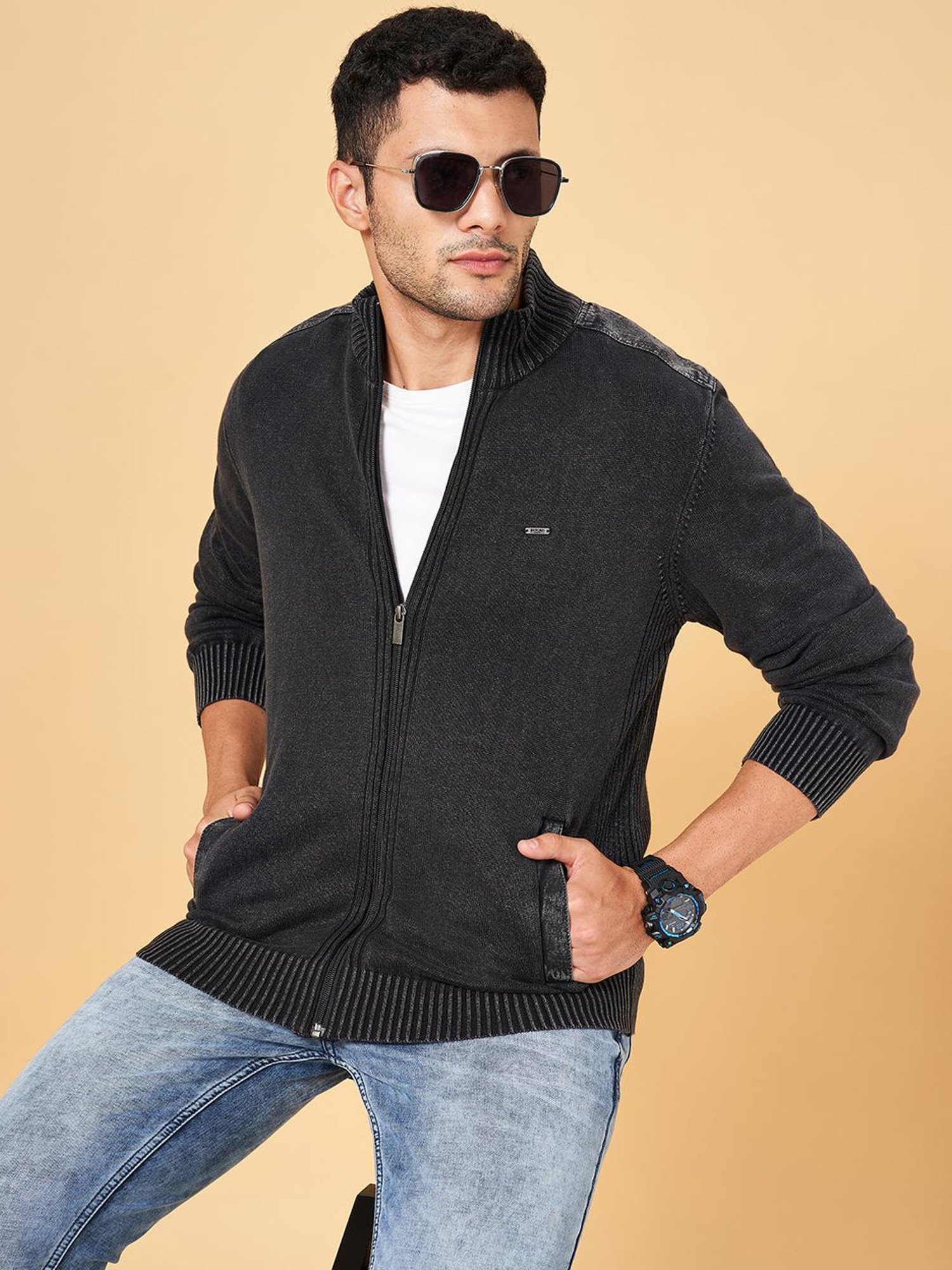 Byford by Pantaloons Black Cotton Slim Fit Self Pattern Sweater