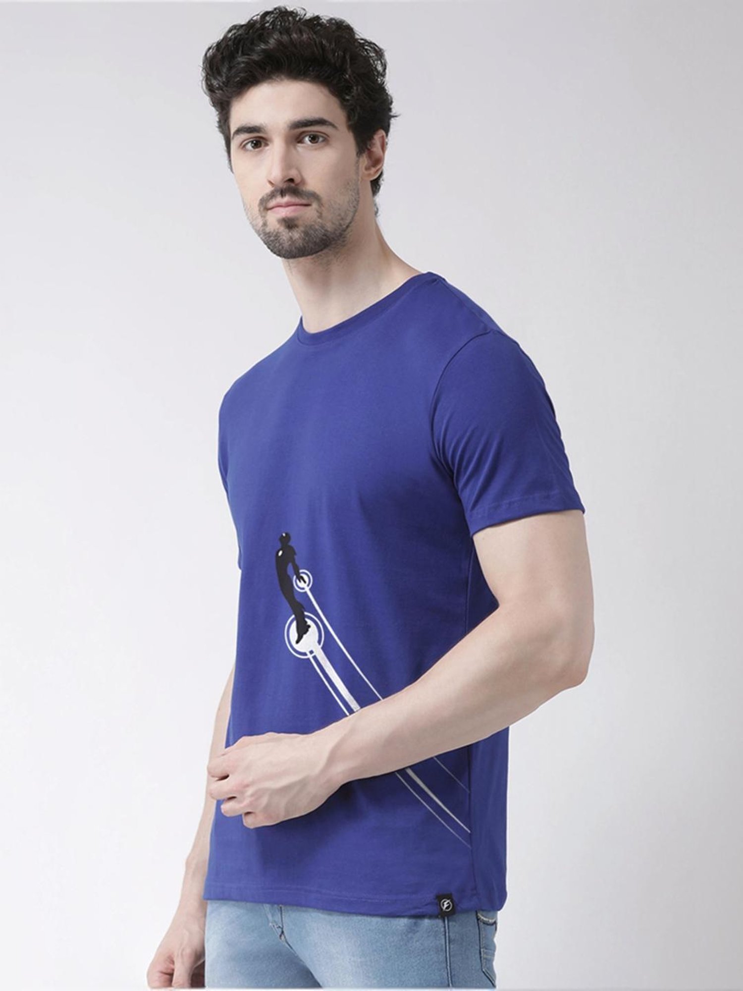 Friskers Blue Cotton Slim Fit Printed T-Shirt