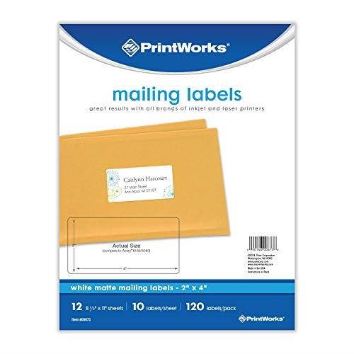 printworks white mailing labels for inkjet or laser printers or copiers, label size 2 x 4, 10 labels per sheet, 120 labels per pack, 00673