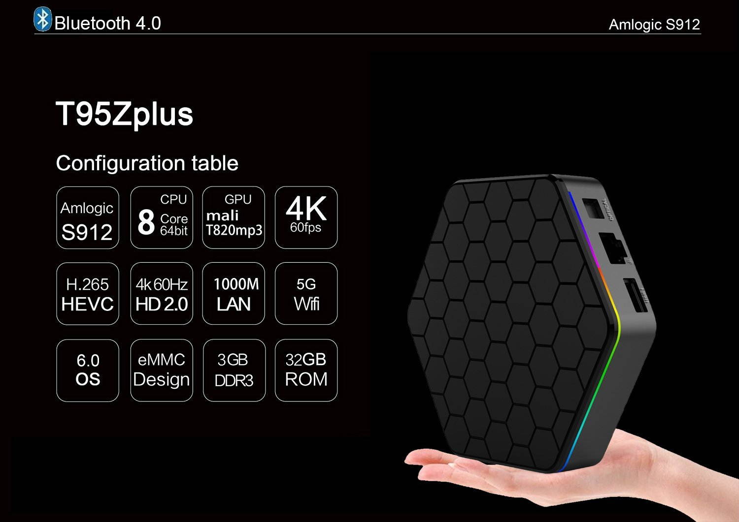 T95Z Plus Android TV Box 3GB RAM/32GB ROM Android 7.1 Octa Core Amlogic S912 TV Box with 4K Dual Band WiFi 2.4GHz/5GHz Bluetooth 4.0 64 Bits
