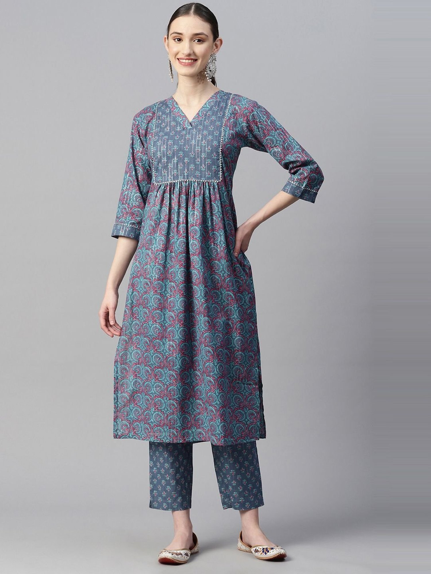 Indibelle Blue Cotton Floral Print Kurta Pant Set
