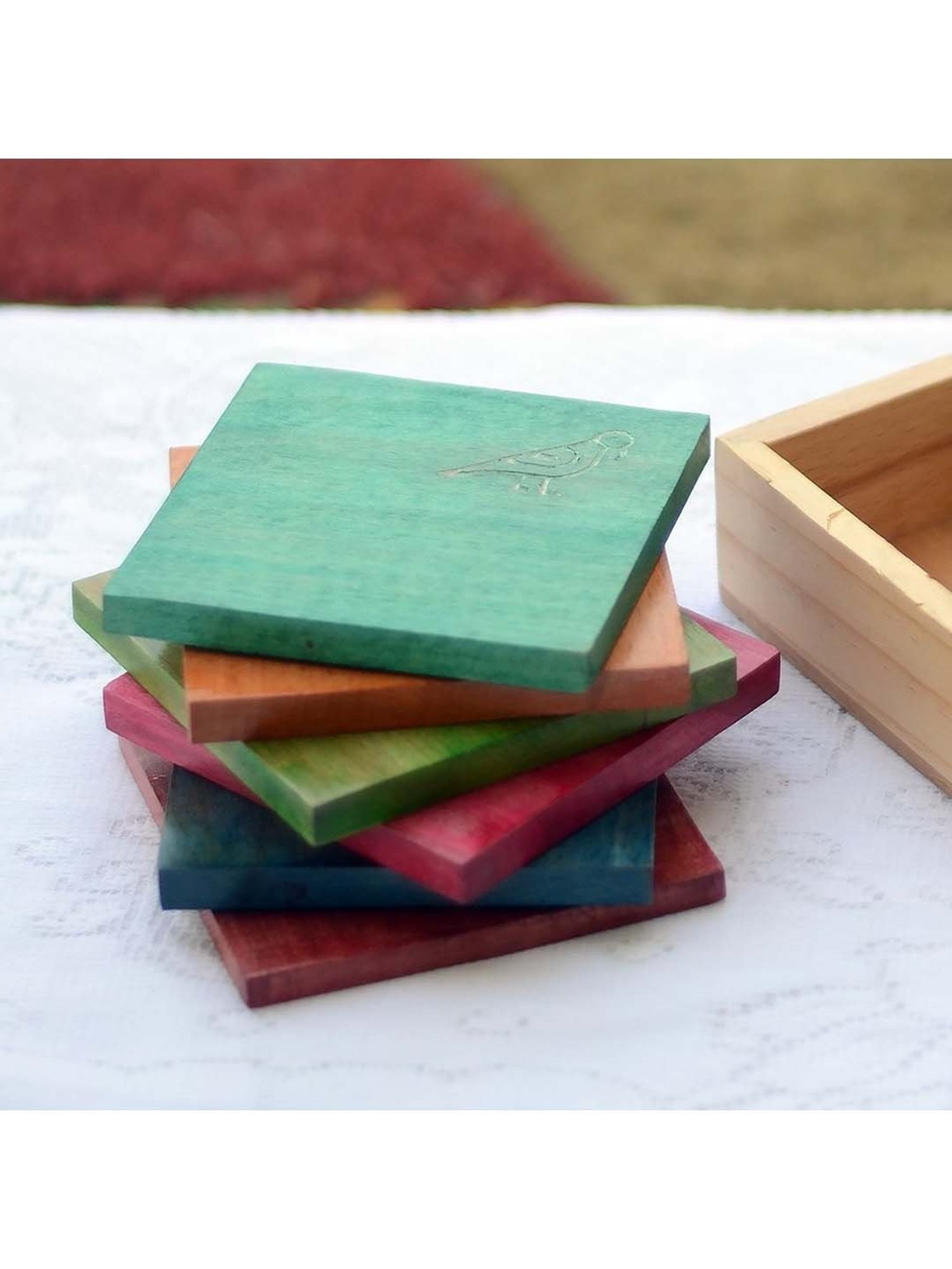 Unravel India Multicolor Wood Coaster with Base Stand - Set of 6