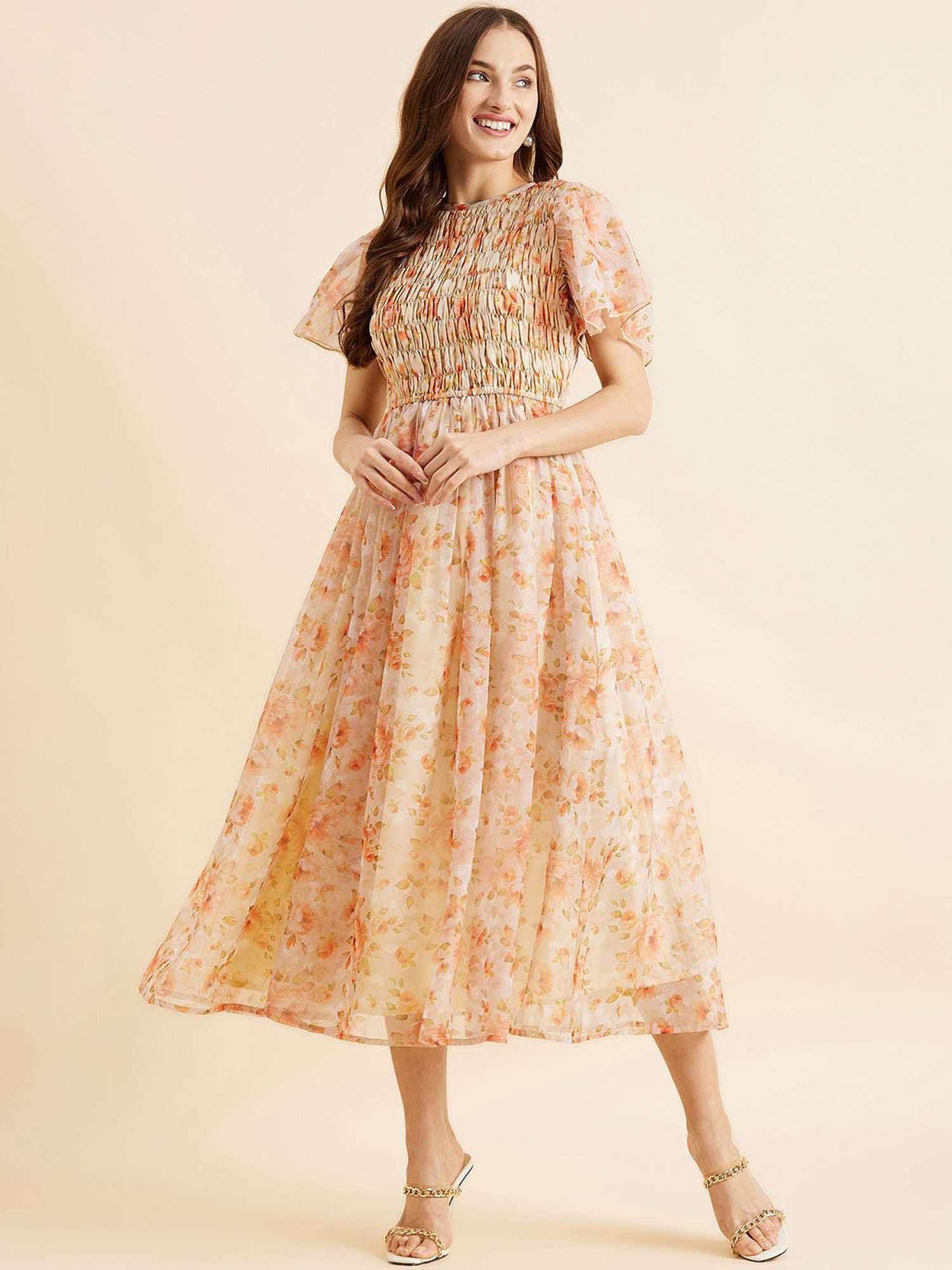 PANIT Peach Floral Print Ethnic Dress