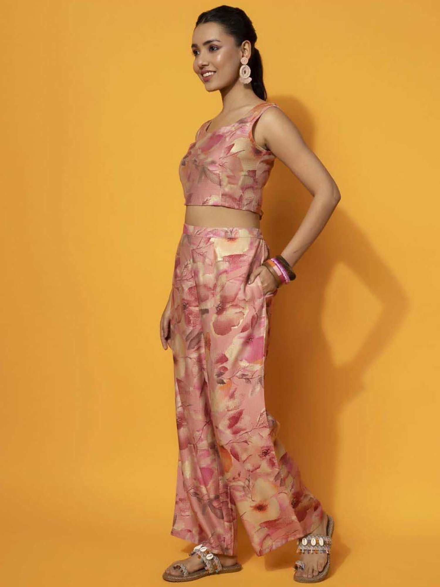 Libas Peach Printed Cotton Blend Co-Ords With Shrug