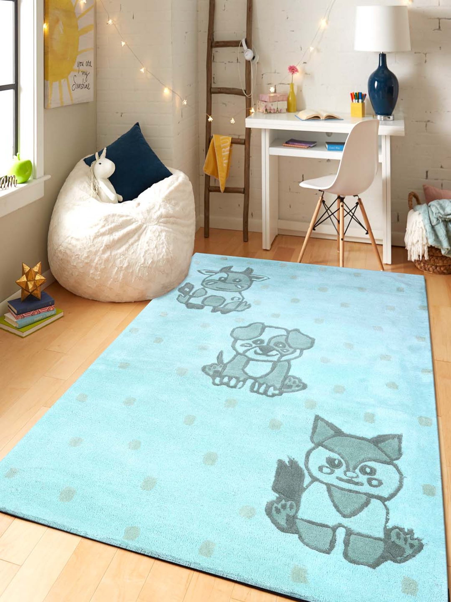 Pequra Blue Pet Animal Cartoon Hand Tufted Wool Kids Carpet - Set of 1