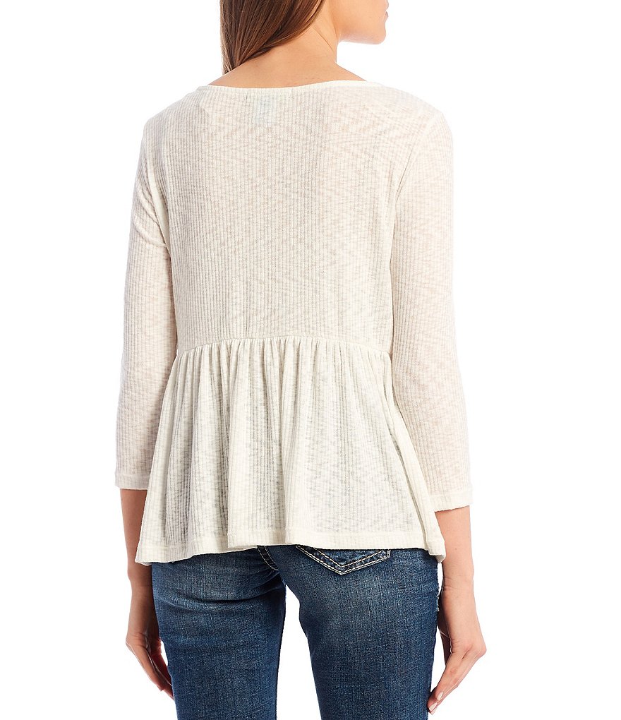 Good Luck Gem 3/4 Sleeve Ribbed Peplum Top