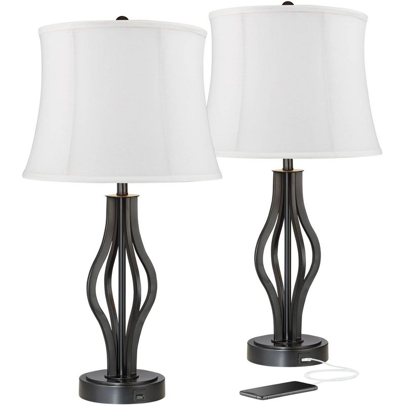 360 Lighting Heather Iron Cream Shade Table Lamps with USB Ports Set of 2