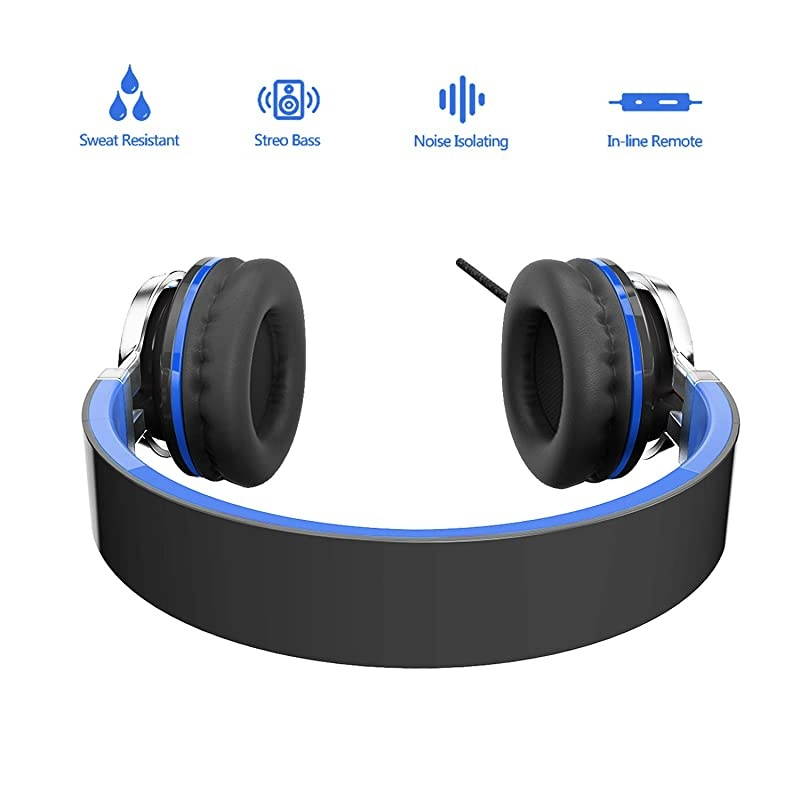 i39 Headphones with Microphone Foldable Lightweight Adjustable On Ear Headsets with 3.5mm Jack for Cellphones Computer MP3/4 Kindle School Blue/Black